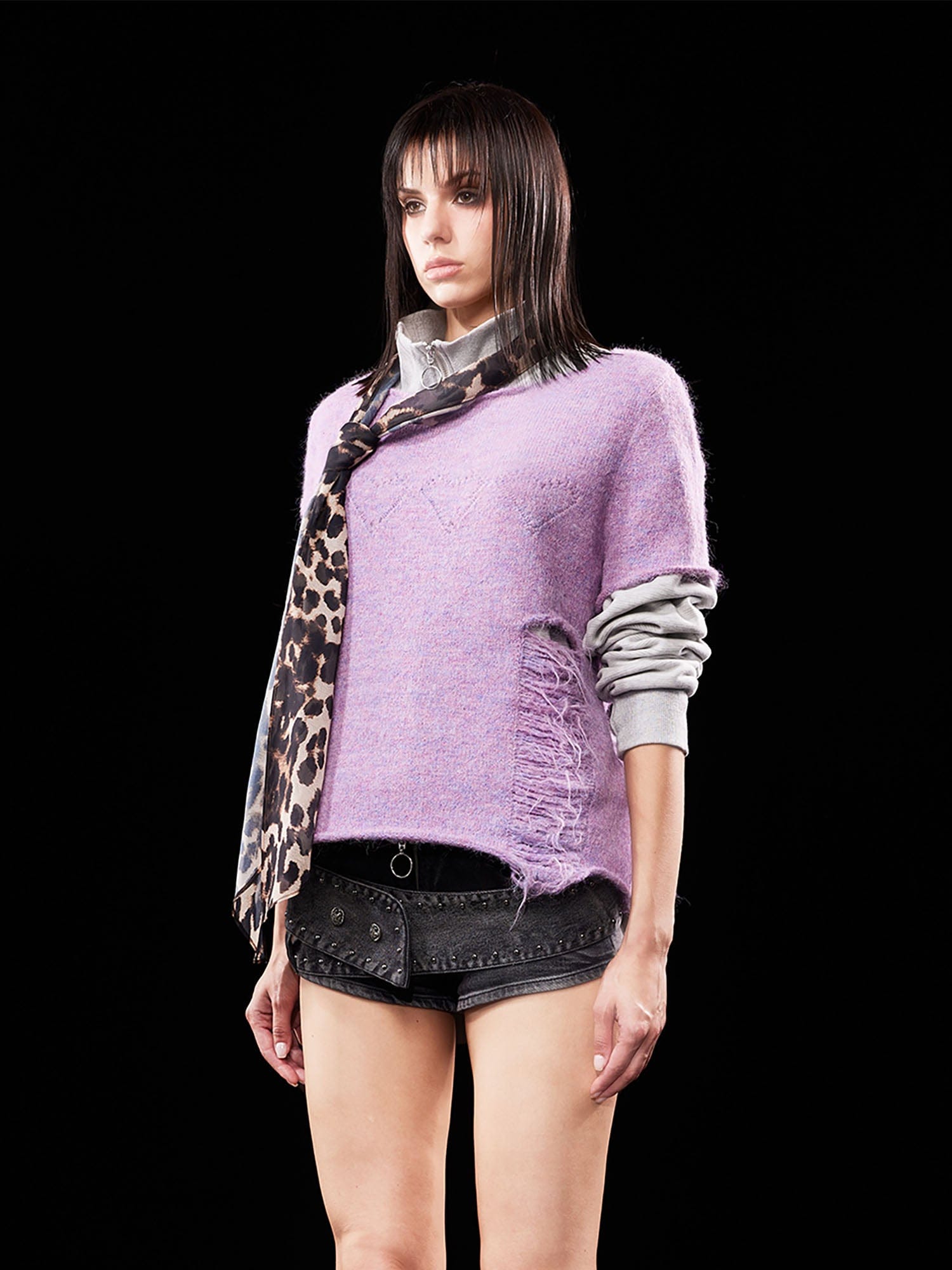 EMOHA Fuzzy Distressed Raw Edge Knit Top