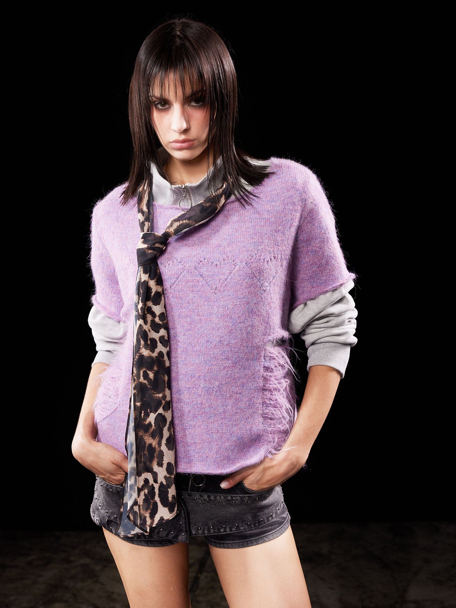 EMOHA Fuzzy Distressed Raw Edge Knit Top