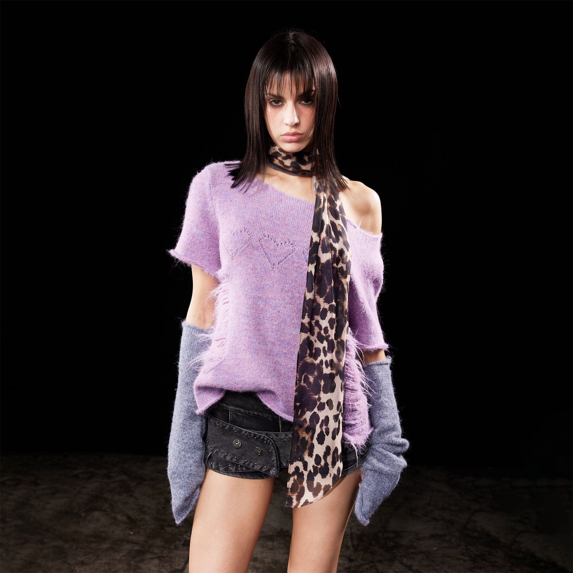 EMOHA Fuzzy Distressed Raw Edge Knit Top