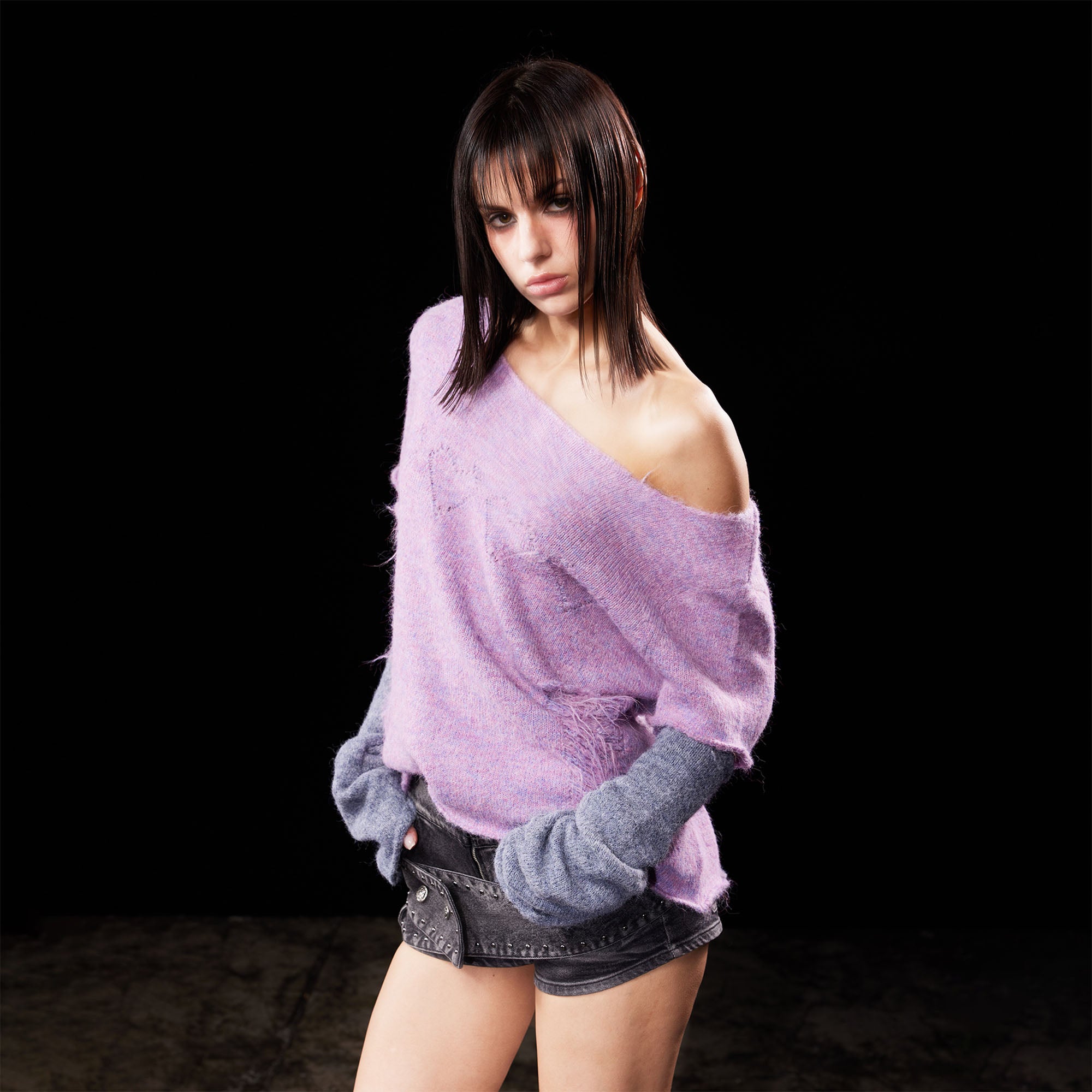 EMOHA Fuzzy Distressed Raw Edge Knit Top