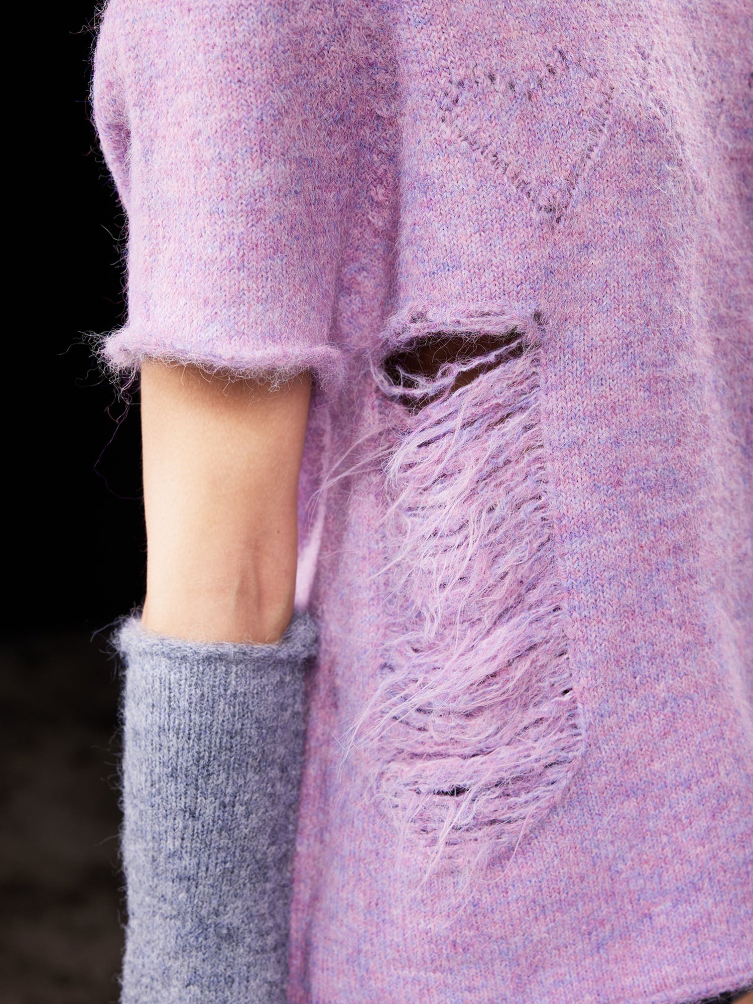 EMOHA Fuzzy Distressed Raw Edge Knit Top