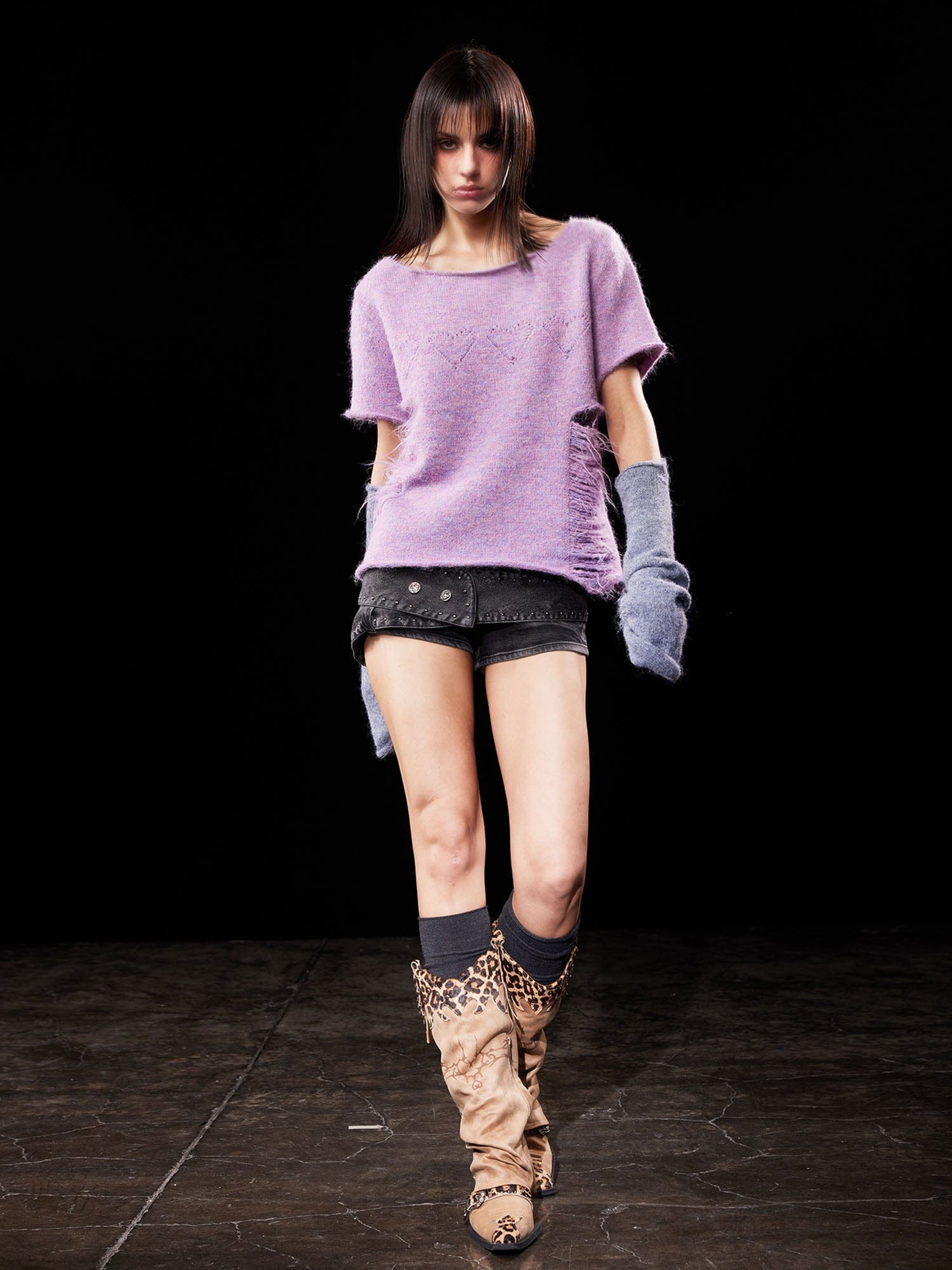 EMOHA Fuzzy Distressed Raw Edge Knit Top