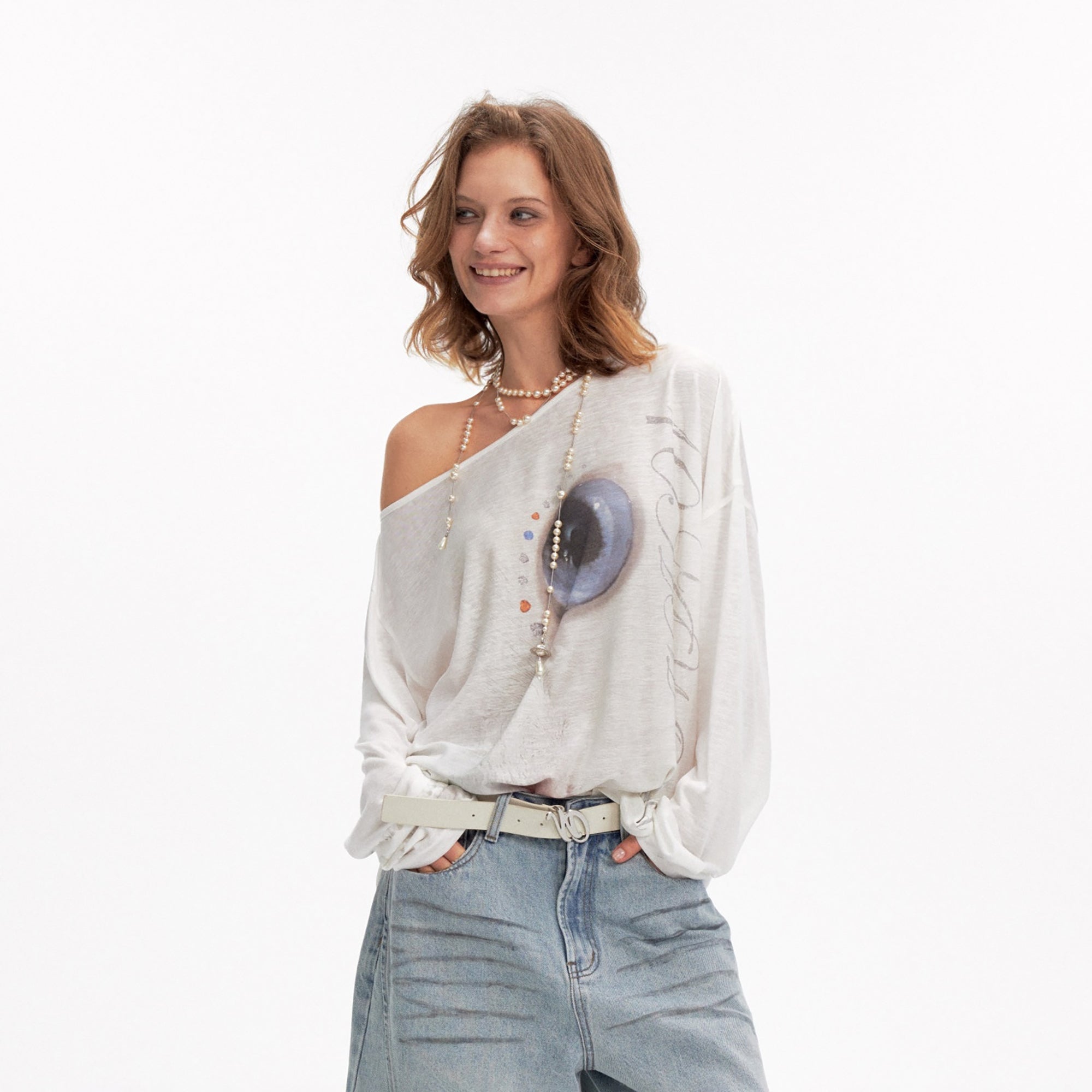 10AMSOTIIIIIIRED Polka Dot Cat Off-Shoulder Long-Sleeve Tee