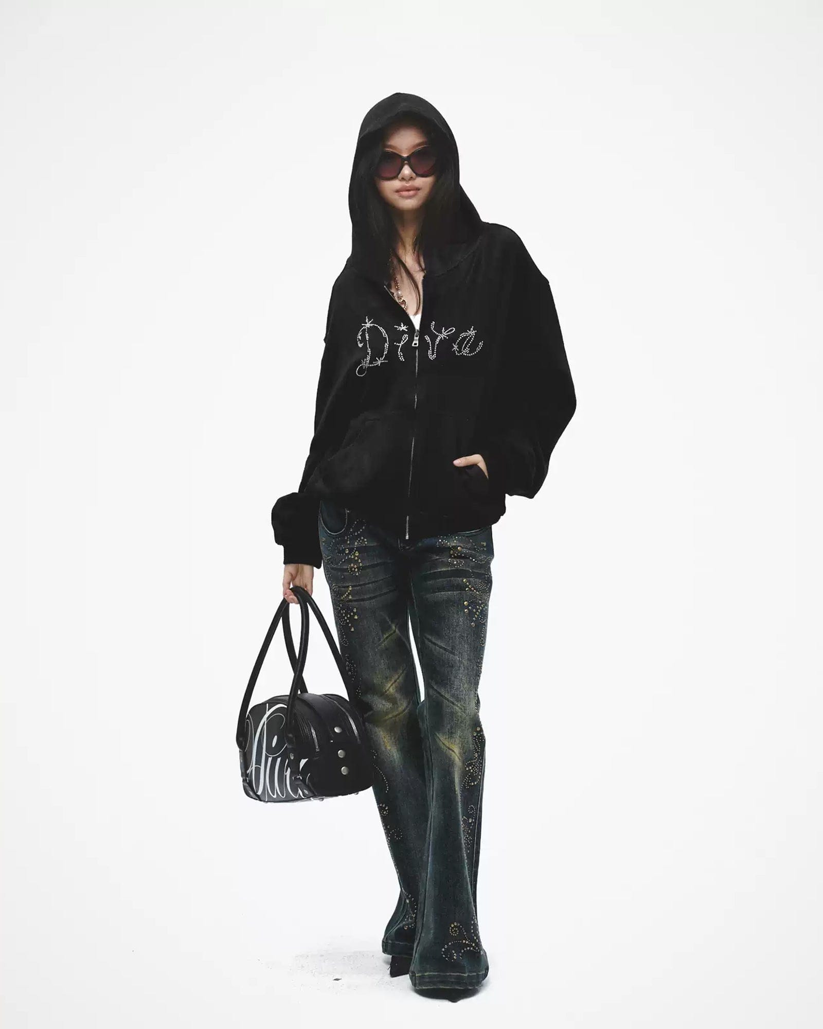 FAYCHUI Distressed Rivet Embellished Flared Jeans