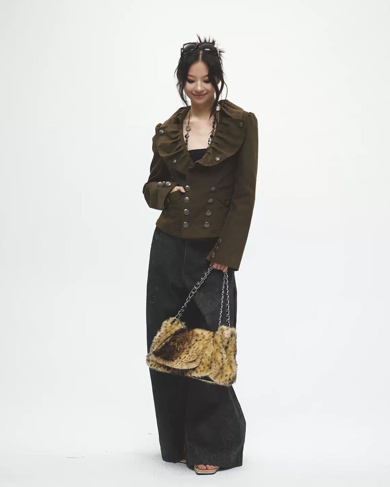FAYCHUI Retro Pleated Ruffle Collar Jacket