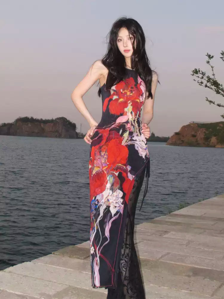 WHYNOTDANCE Asymmetrical Halter Full-Print Mesh Backless Dress