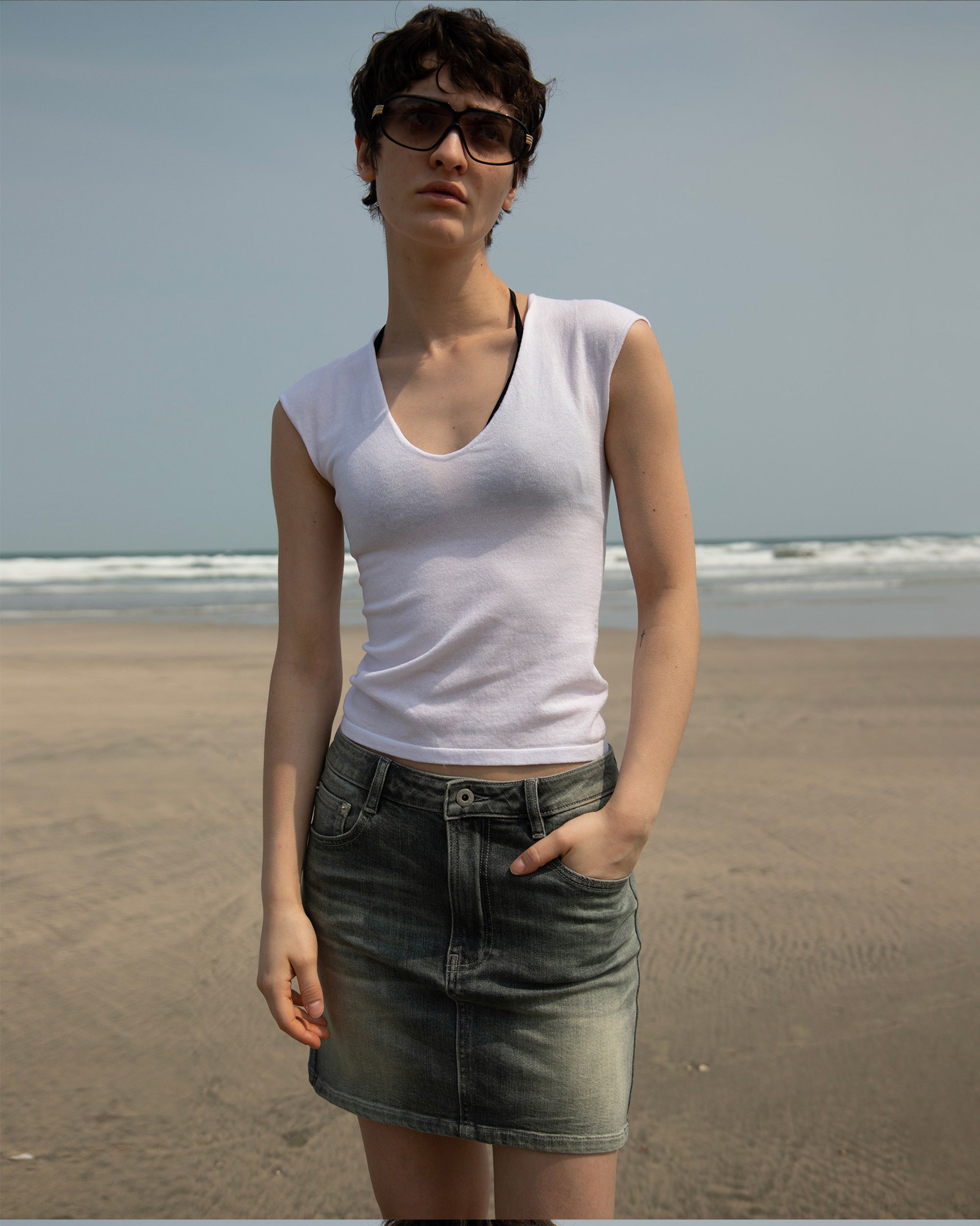 COMMAND N Washed Grey Low-Rise Denim Skirt