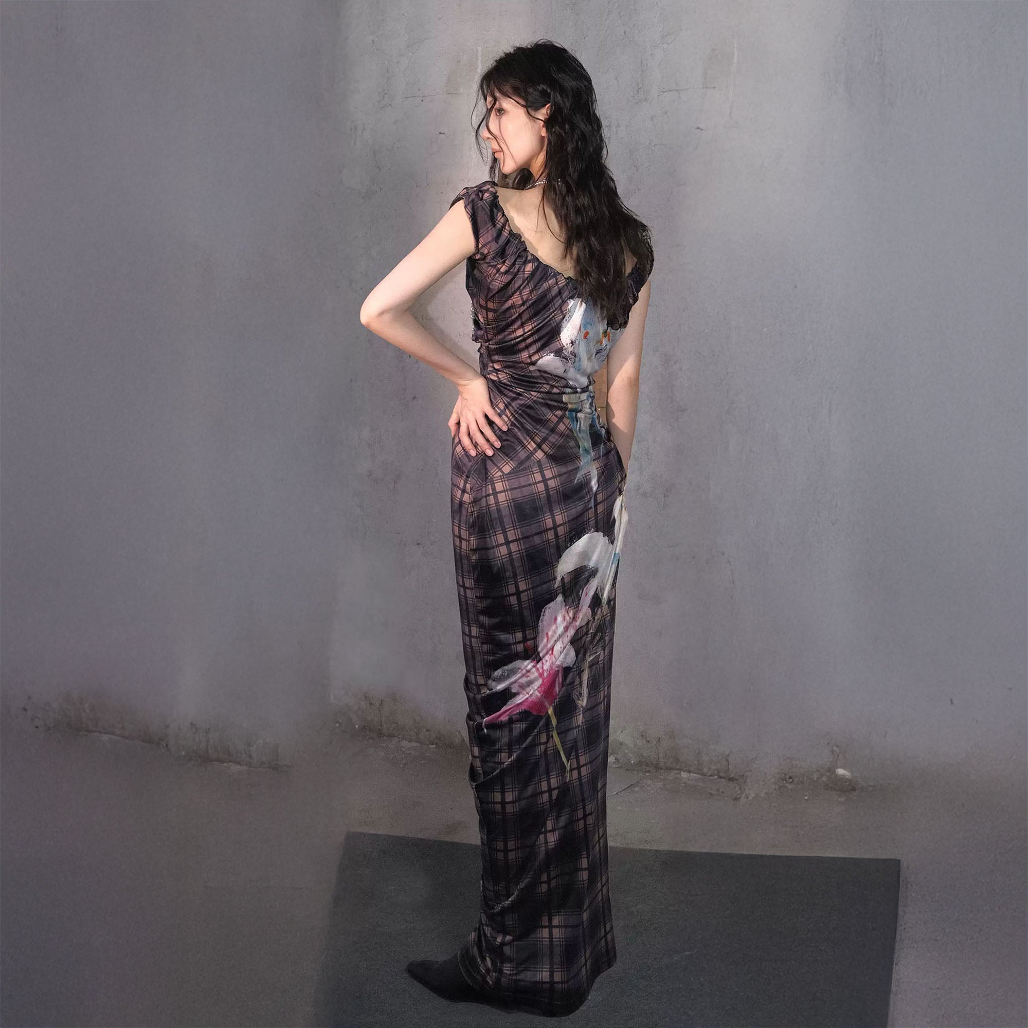 WHYNOTDANCE Ruched Plaid Floral Maxi Dress