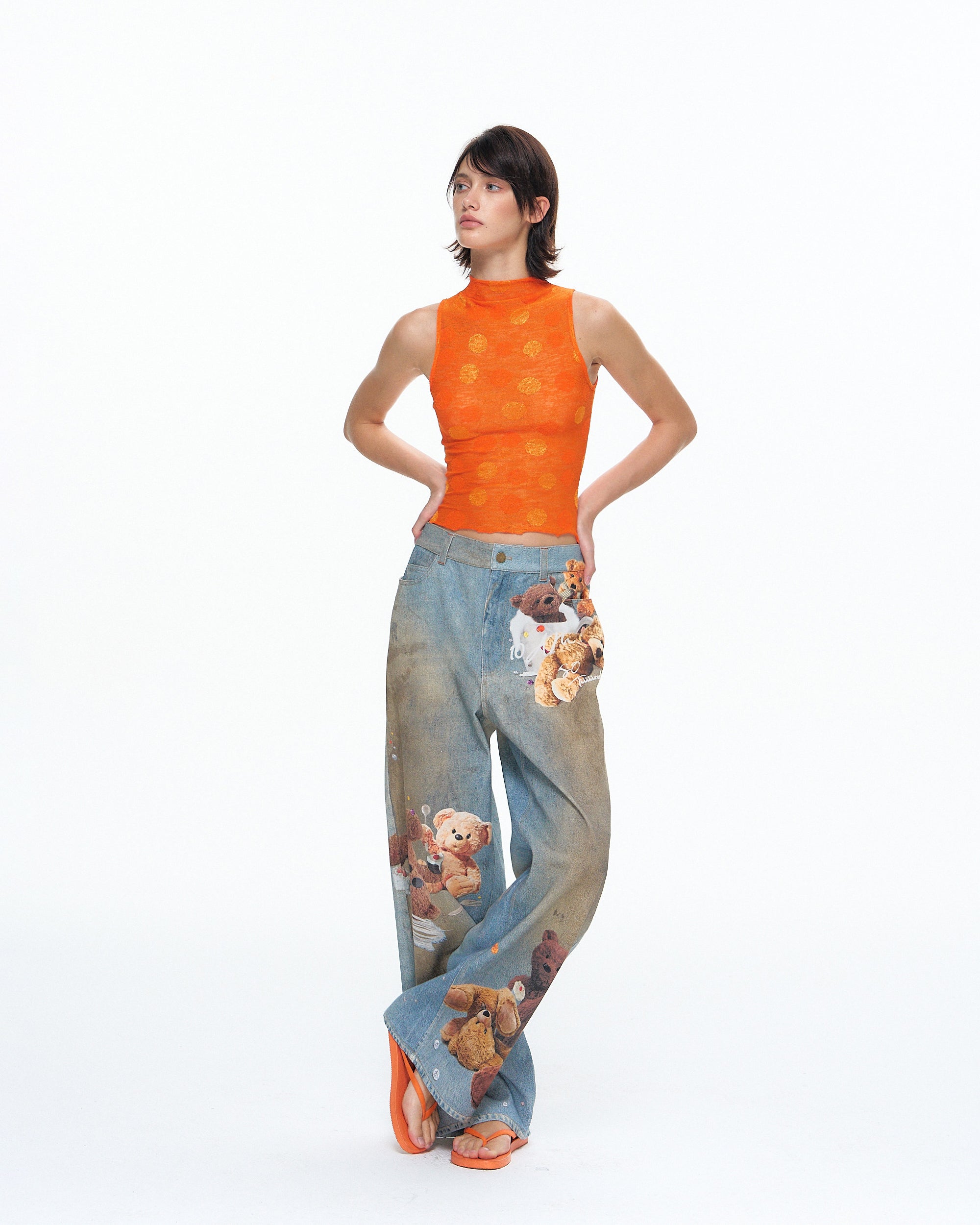 10AMSOTIIIIIIRED Retro Dog And Teddy Graphic Jeans