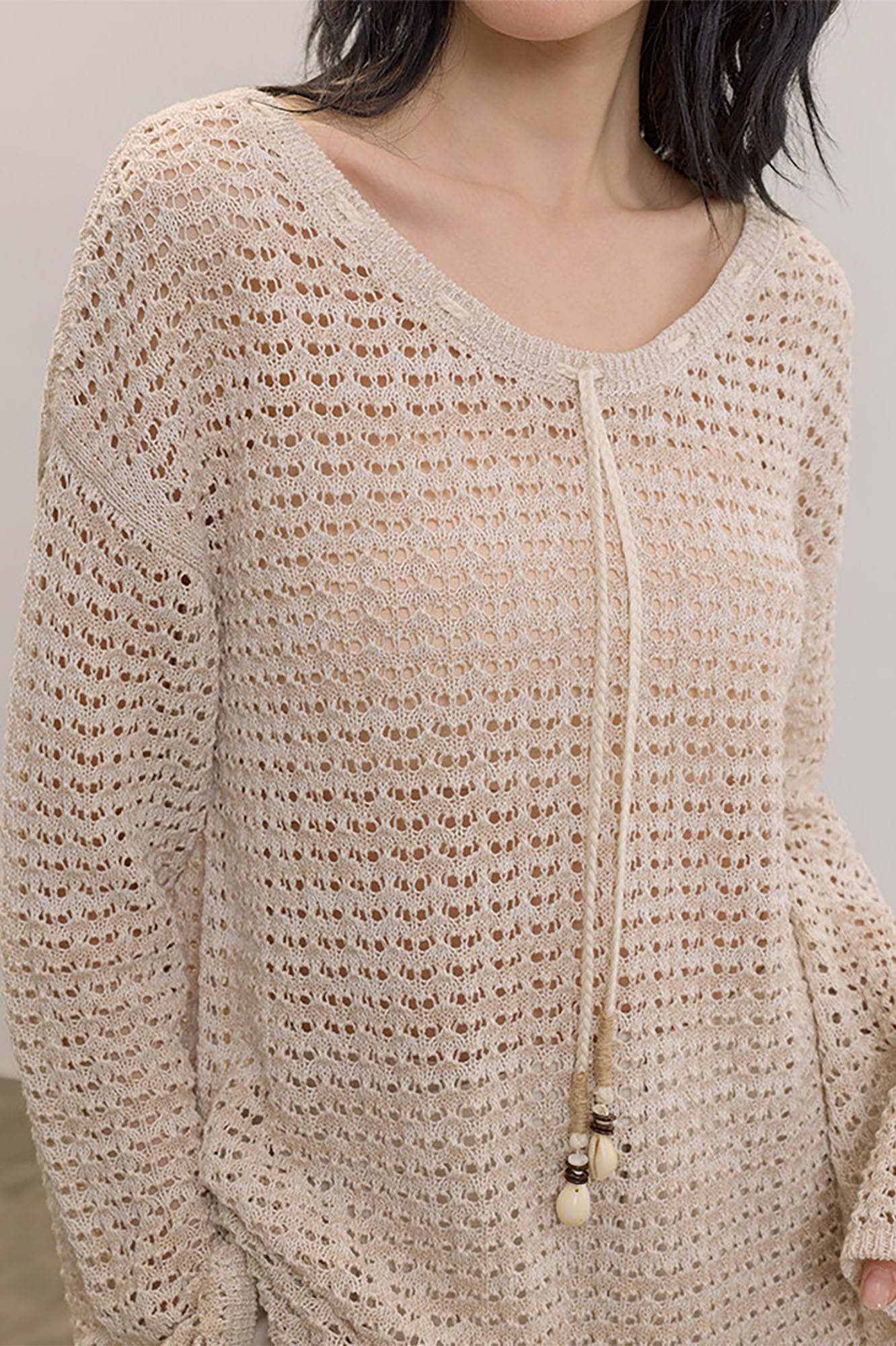 SAME FLOW Open-Knit Drawstring Oversized Sweater