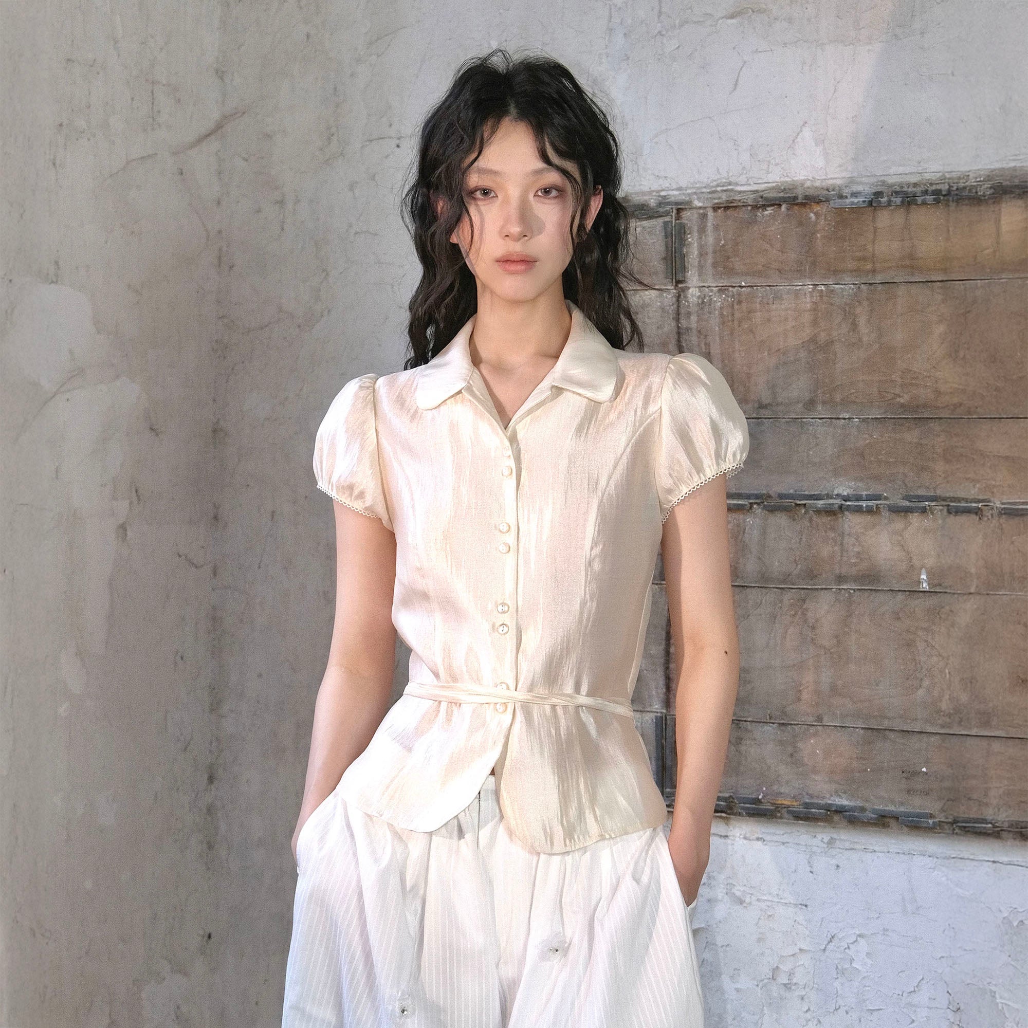 WHYNOTDANCE Acetate Puff-Sleeve Satin Shirt