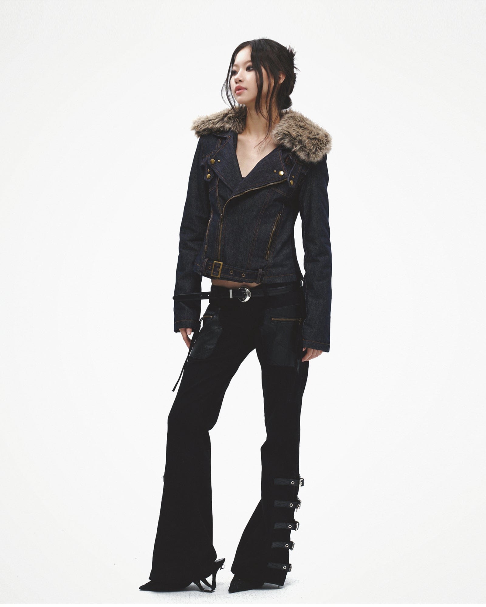 FAYCHUI Faux Fur Collar Asymmetric Denim Jacket