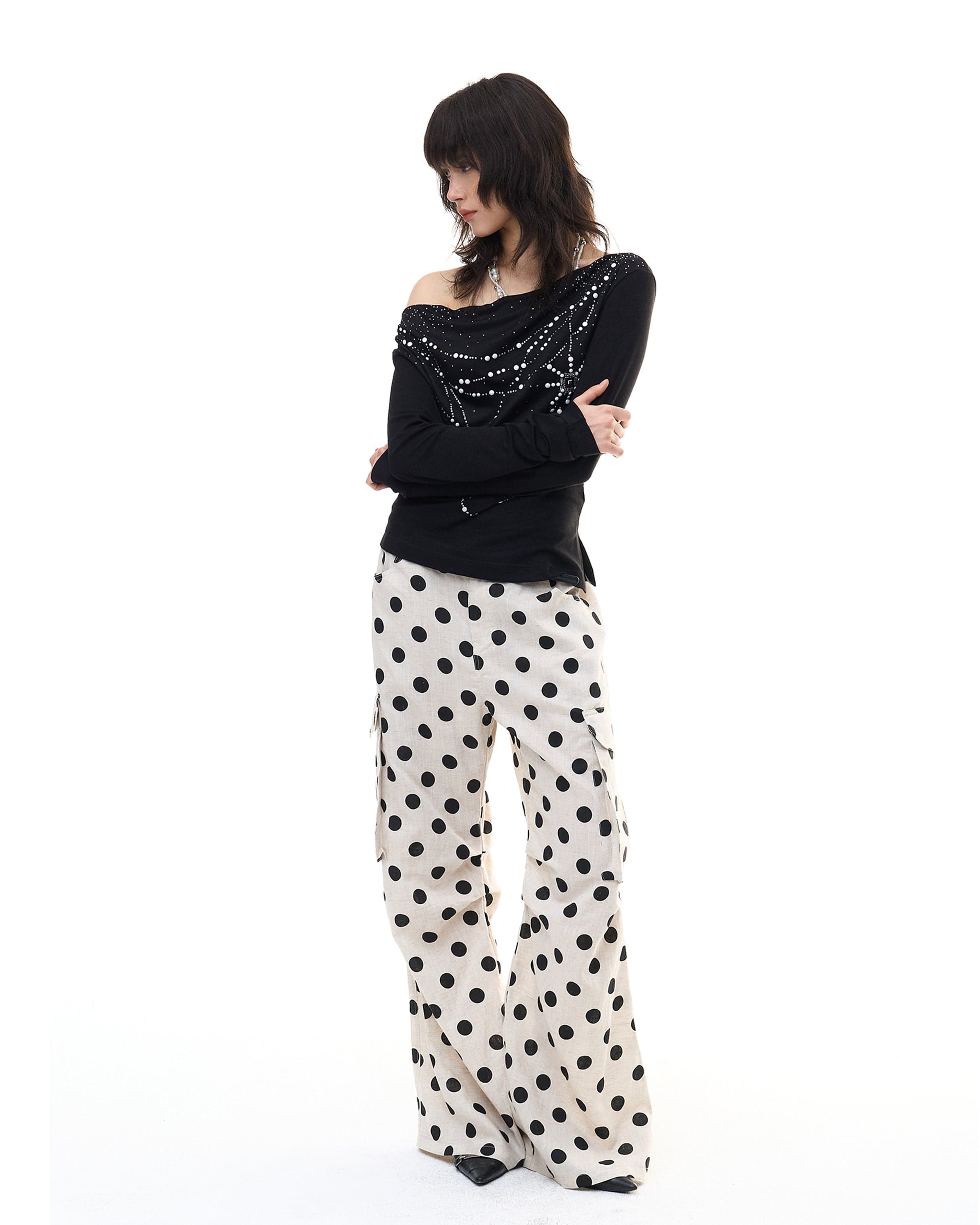FAYCHUI Tencel-Linen Polka Dot Wide-Leg Pants