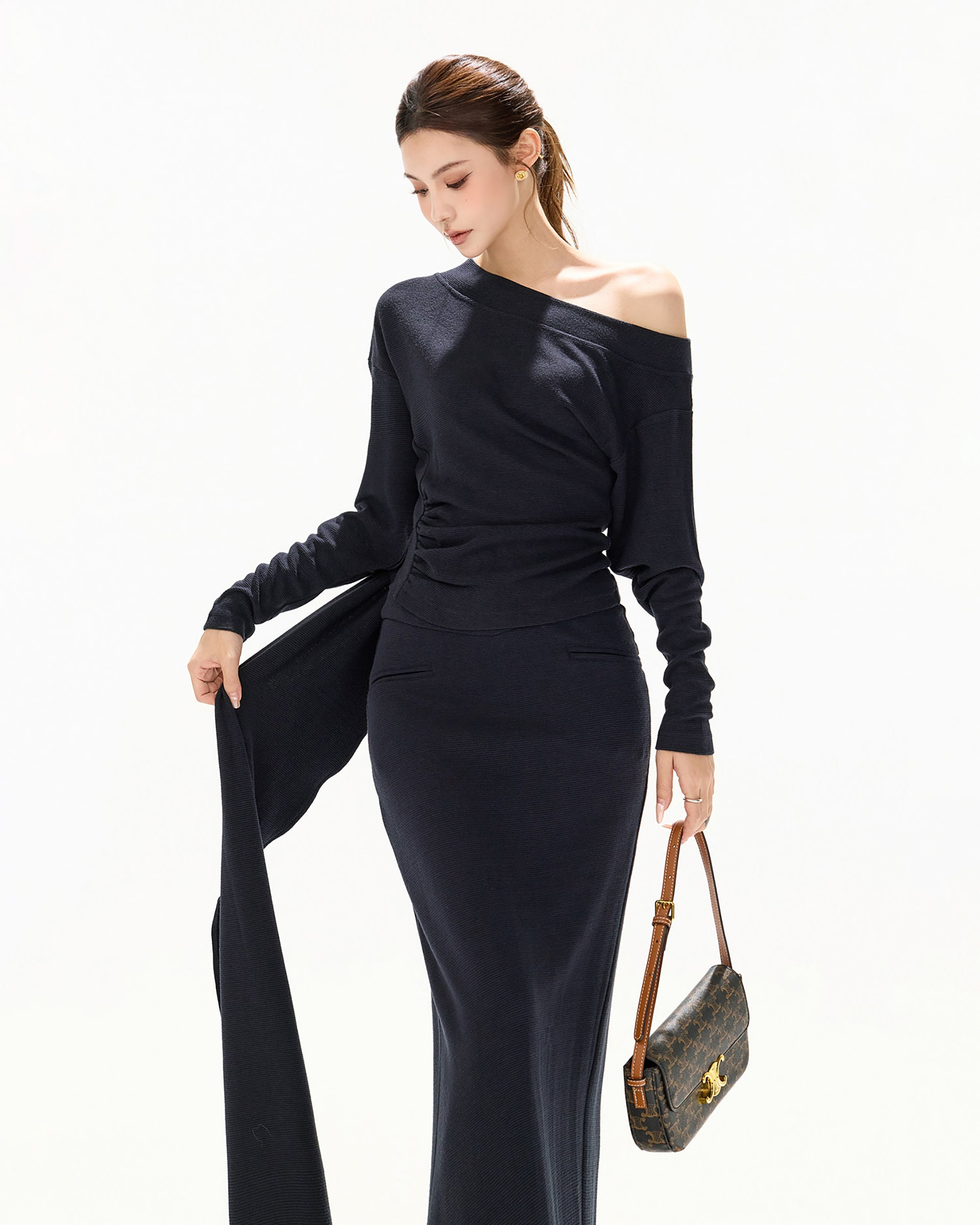CYNR Ruched Waist Off-Shoulder Knit Set
