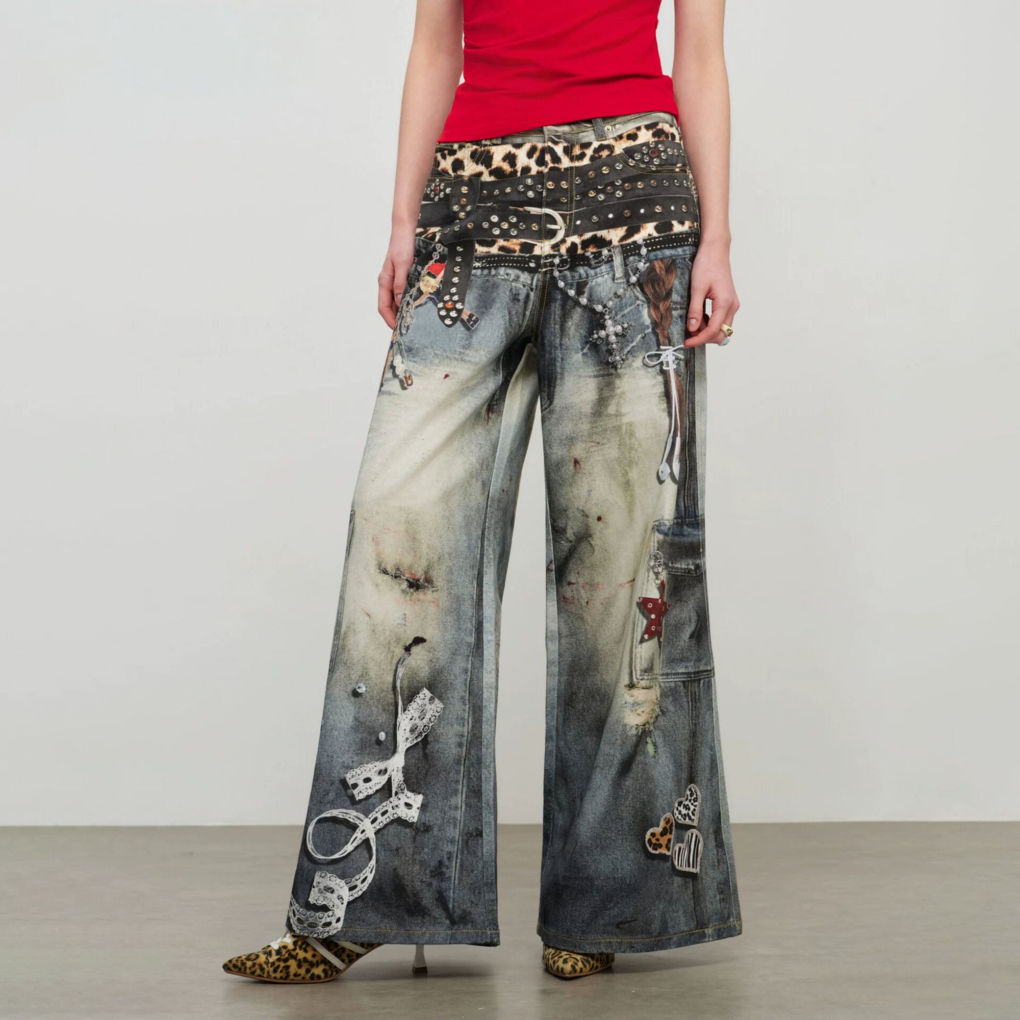 SOFITTE Leopard Waistband Trompe-L’Oeil Oversized Jeans