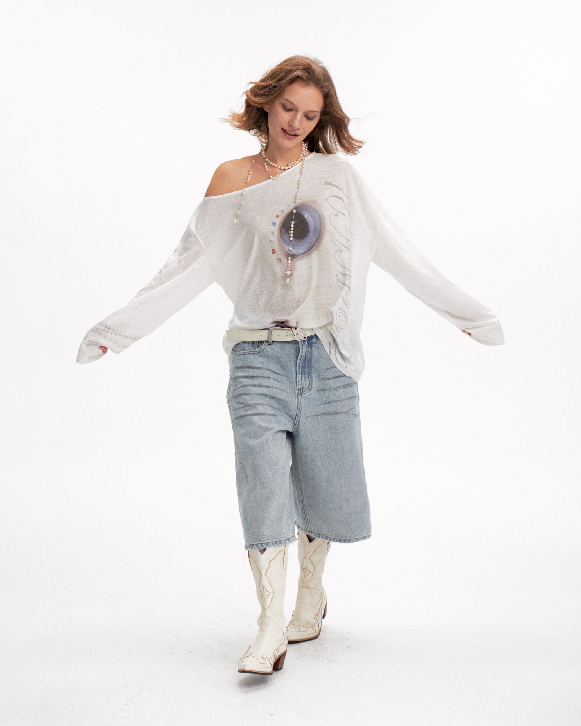 10AMSOTIIIIIIRED Polka Dot Cat Off-Shoulder Long-Sleeve Tee