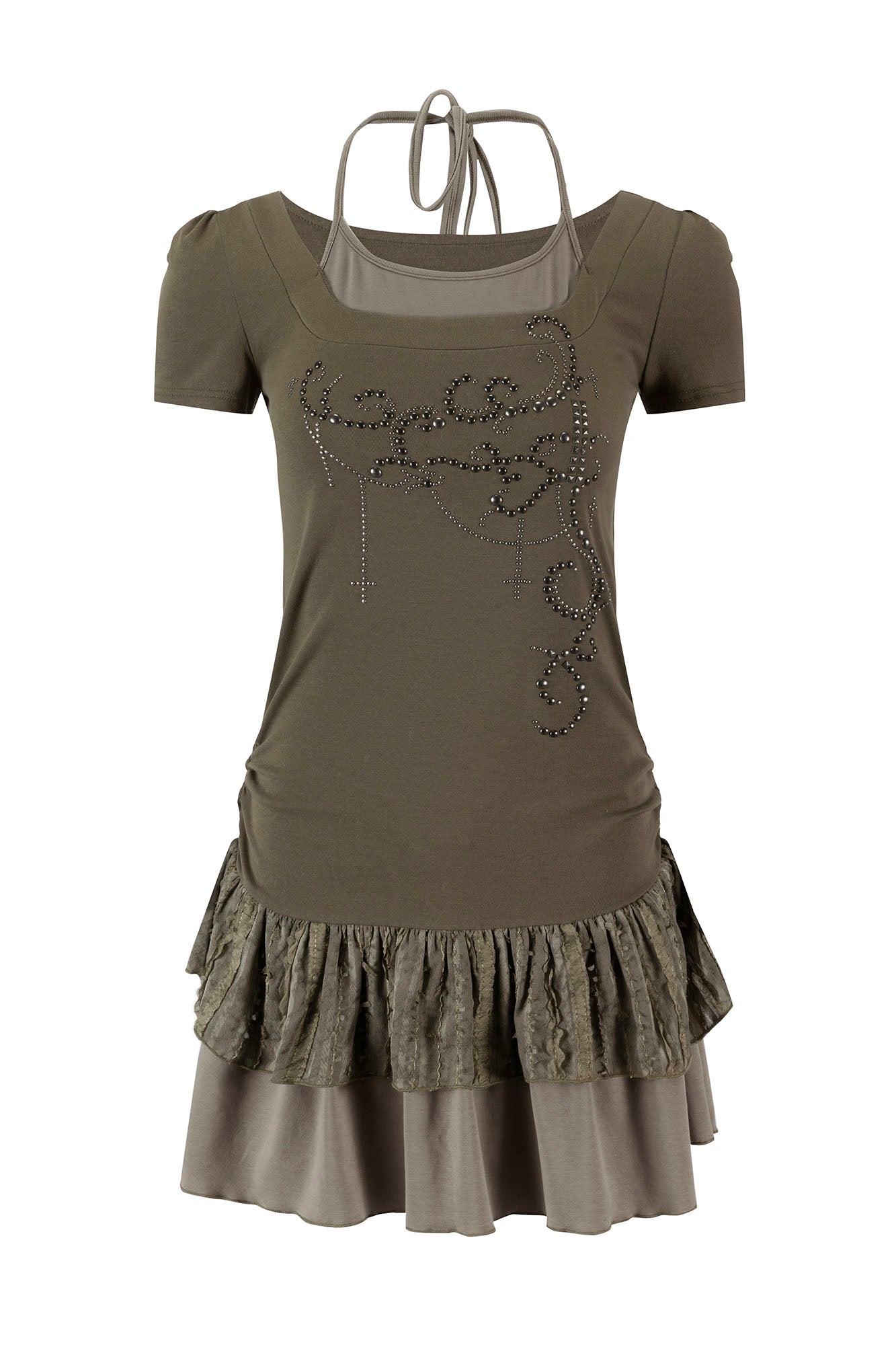 CESTNOUS Studded Faux Layered Ruffle Hem Dress