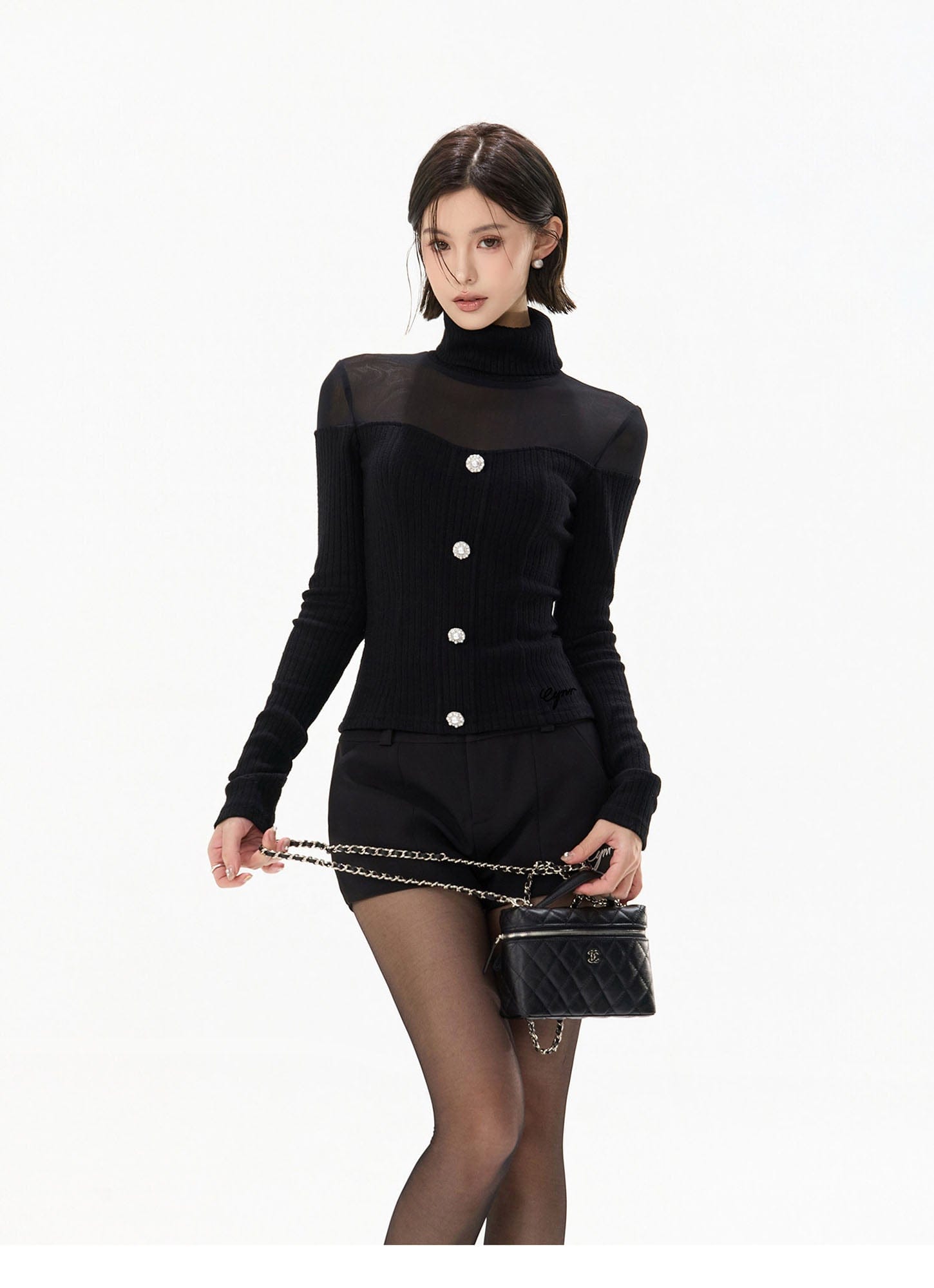 CYNR Sheer Yoke Ribbed Turtleneck Button Top