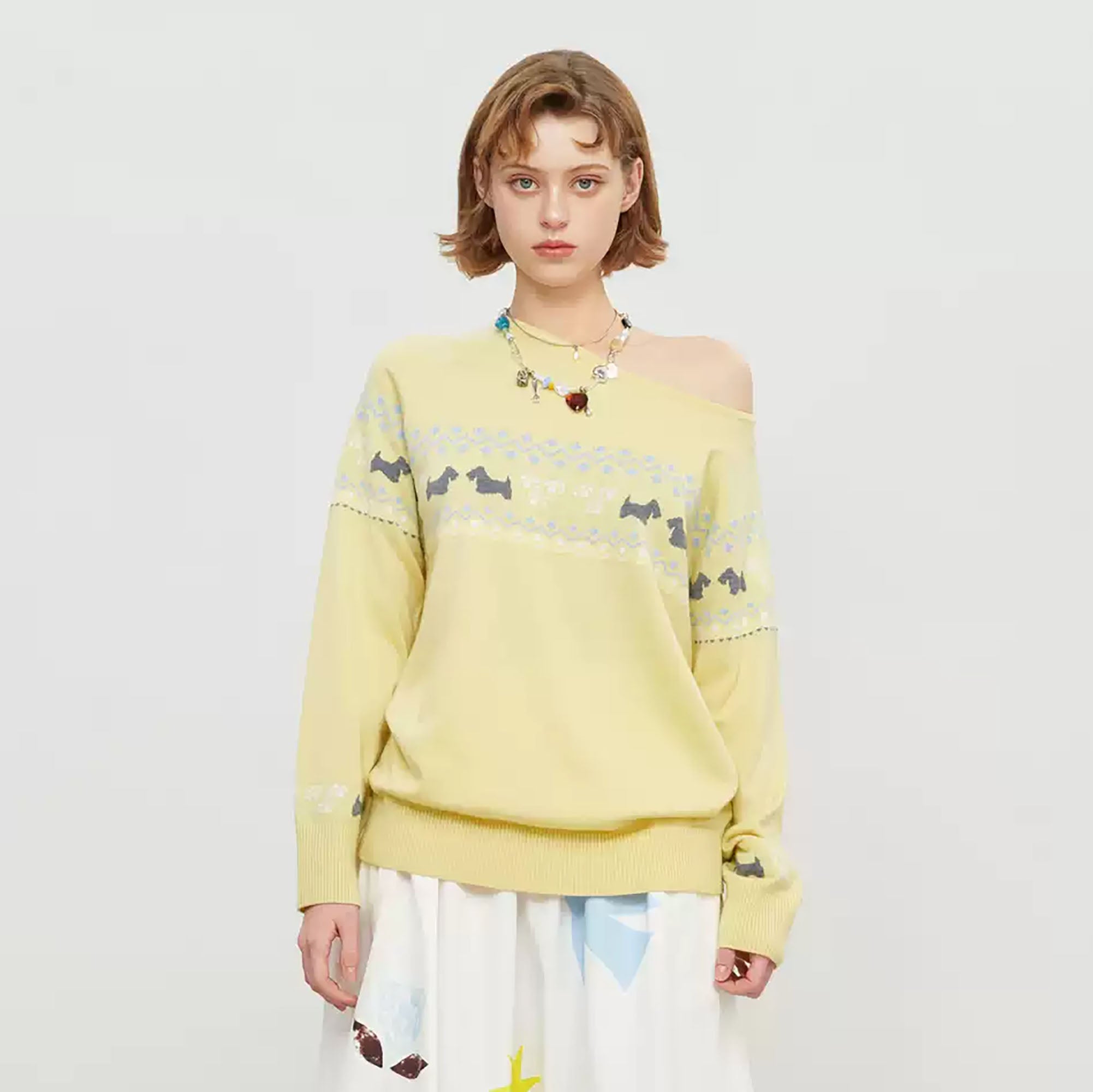 SOFITTE Off-Shoulder Dog Jacquard Sweater