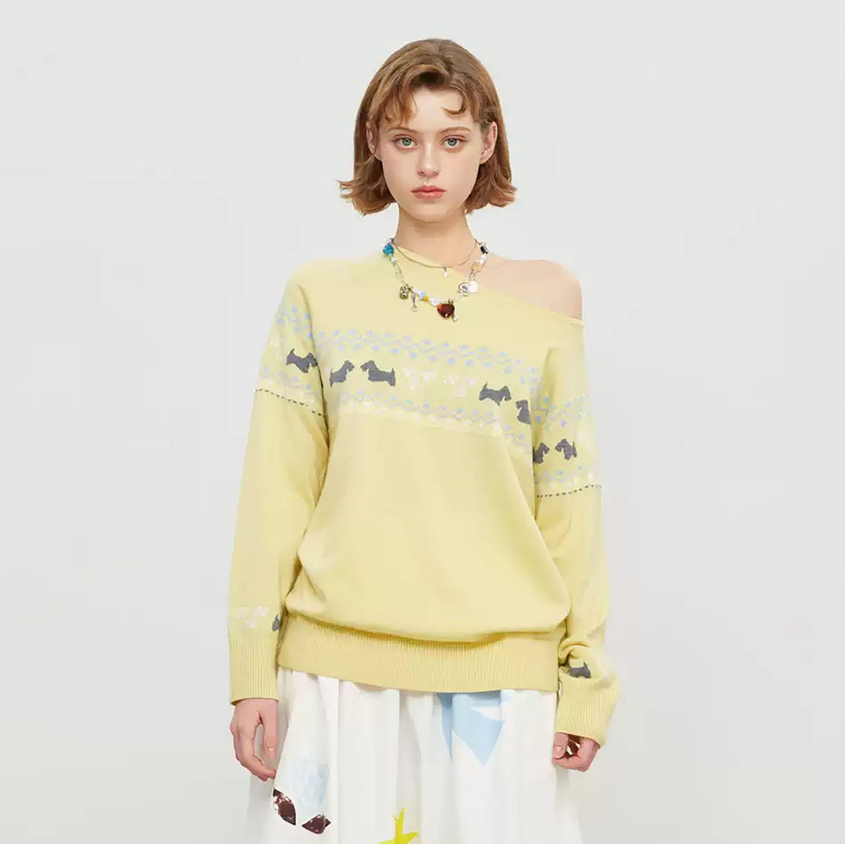 SOFITTE Off-Shoulder Dog Jacquard Sweater