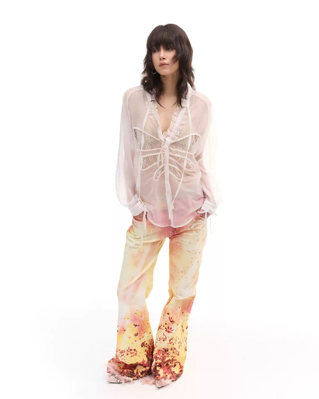 FAYCHUI Gradient Floral Full-Print Flared Pants