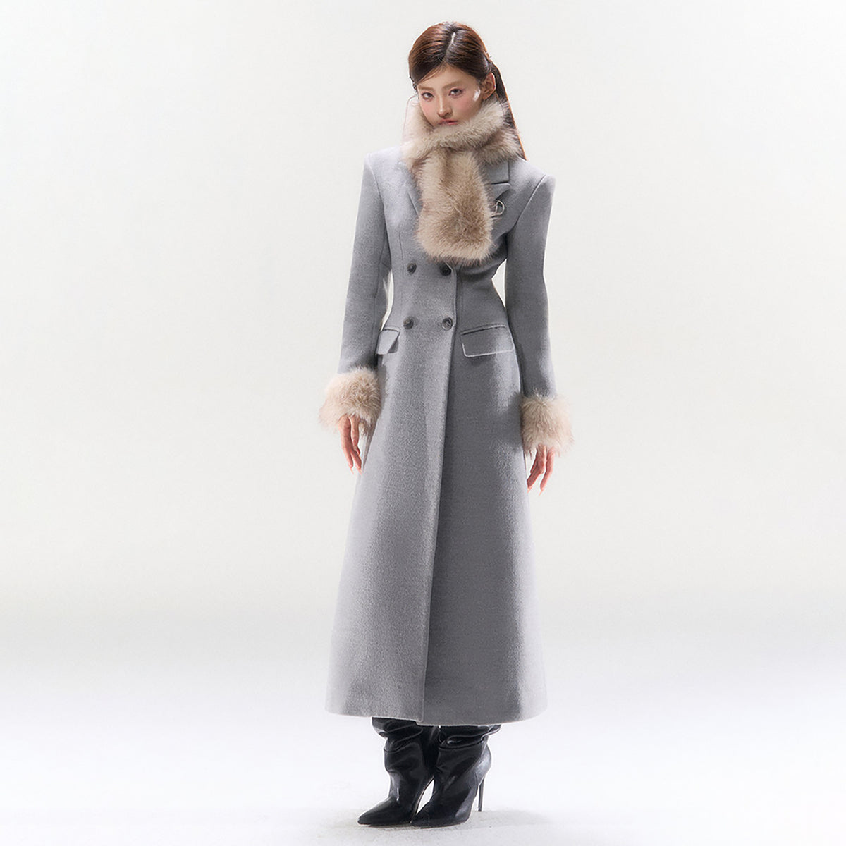 HIIMDAI Wool-Blend Double-Breasted Hourglass Coat