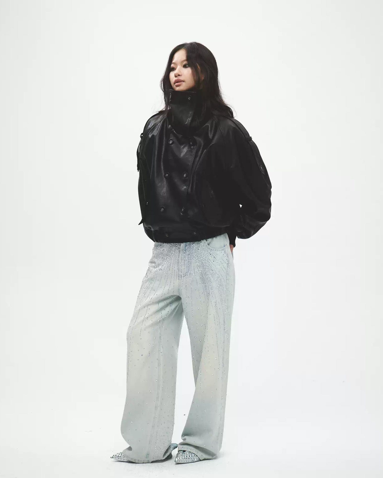 FAYCHUI Sparkly Diamond Denim Pants Light Blue