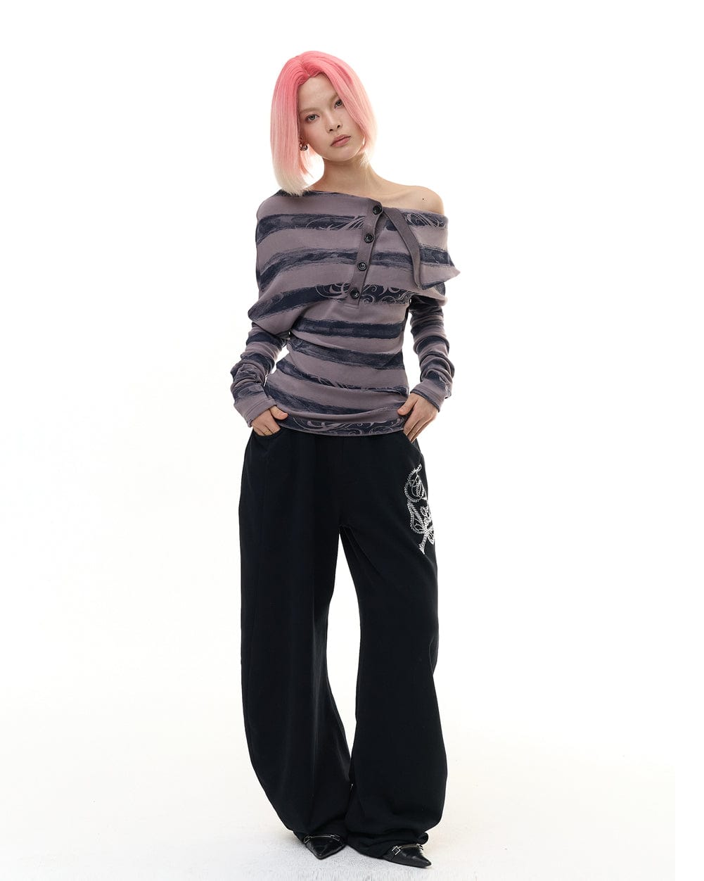 FAYCHUI Diamond Floral Embellished Oversized Sweatpants