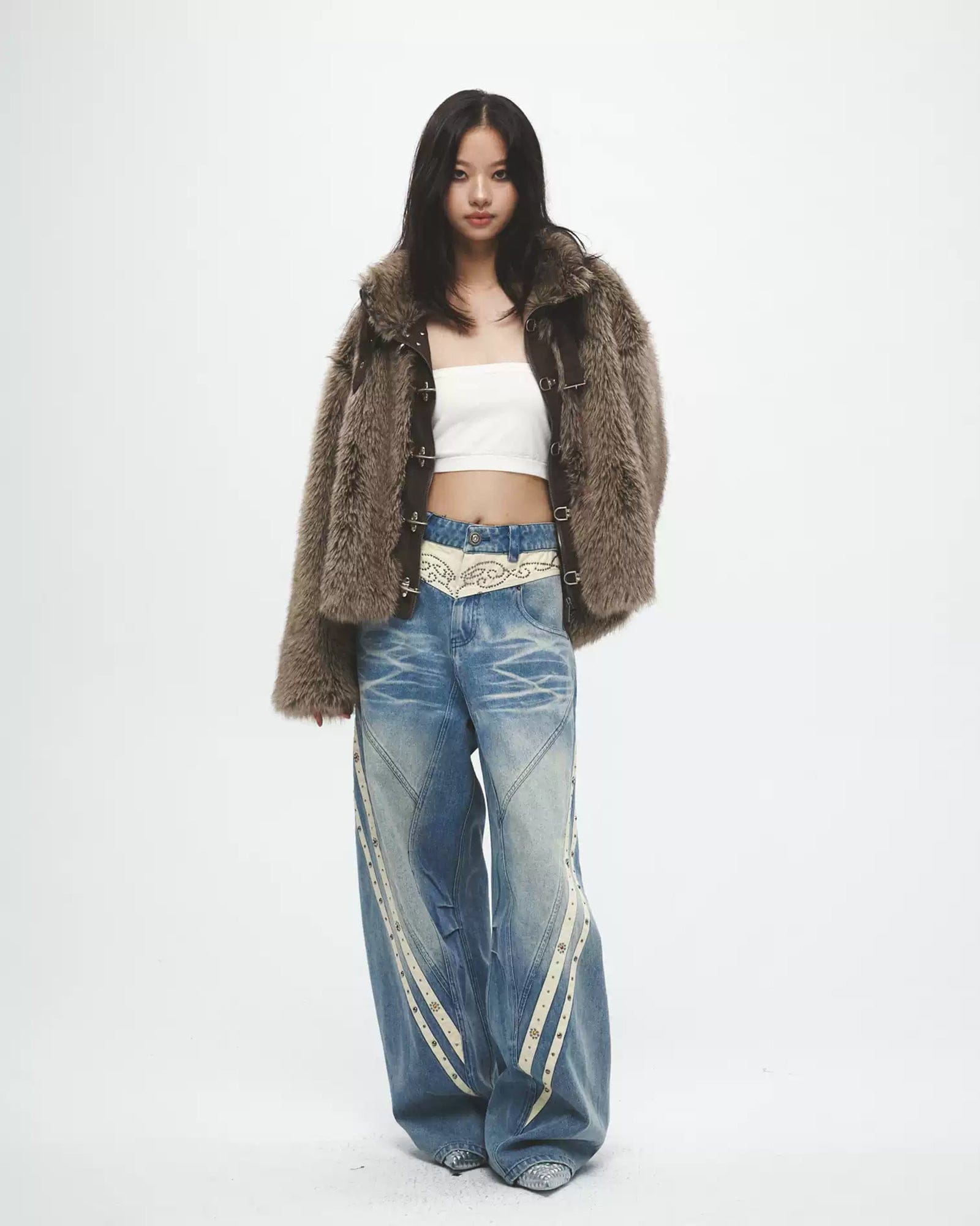 FAYCHUI Diamond Washed Curved Panel Wide-Leg Jeans