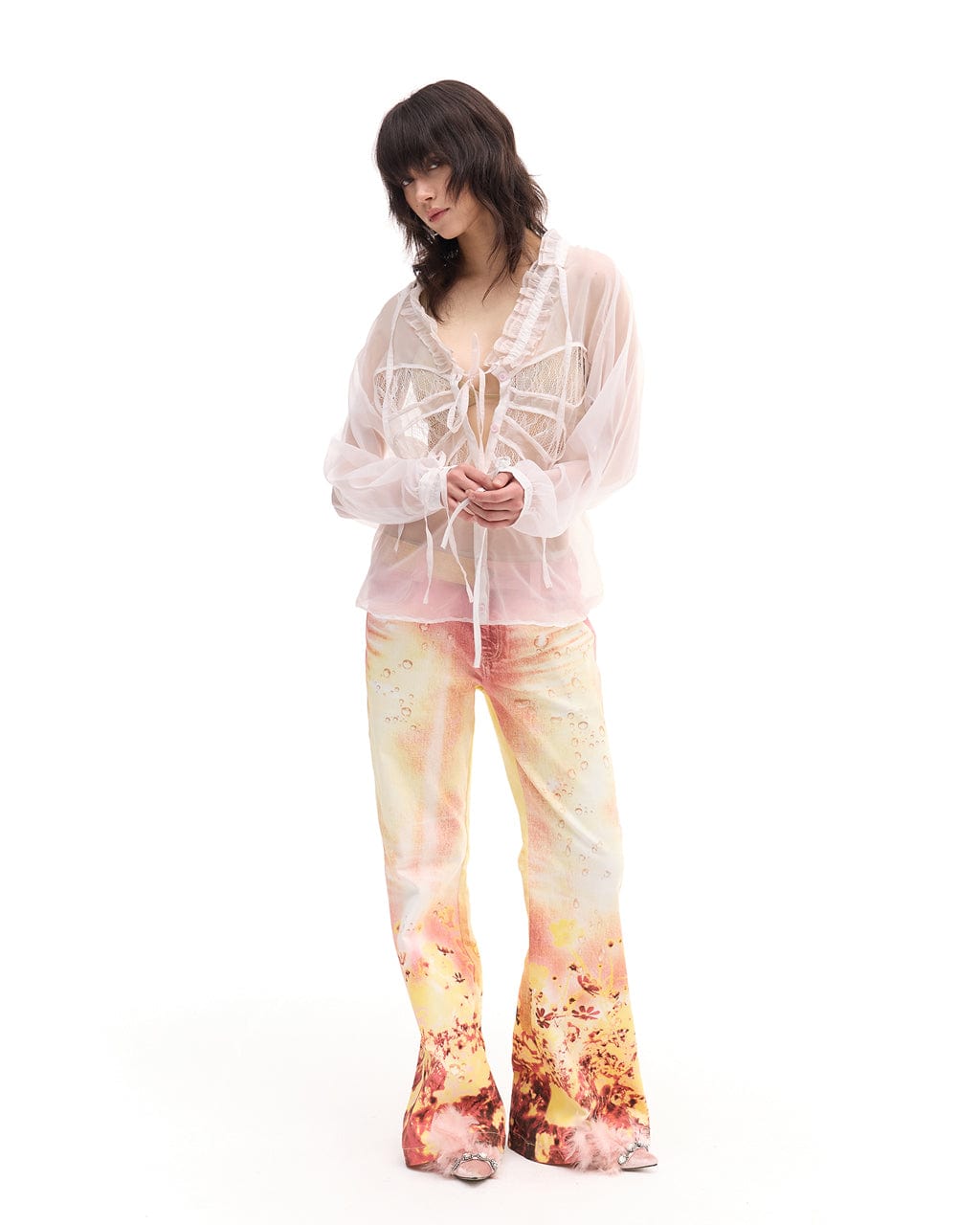 FAYCHUI Gradient Floral Full-Print Flared Pants