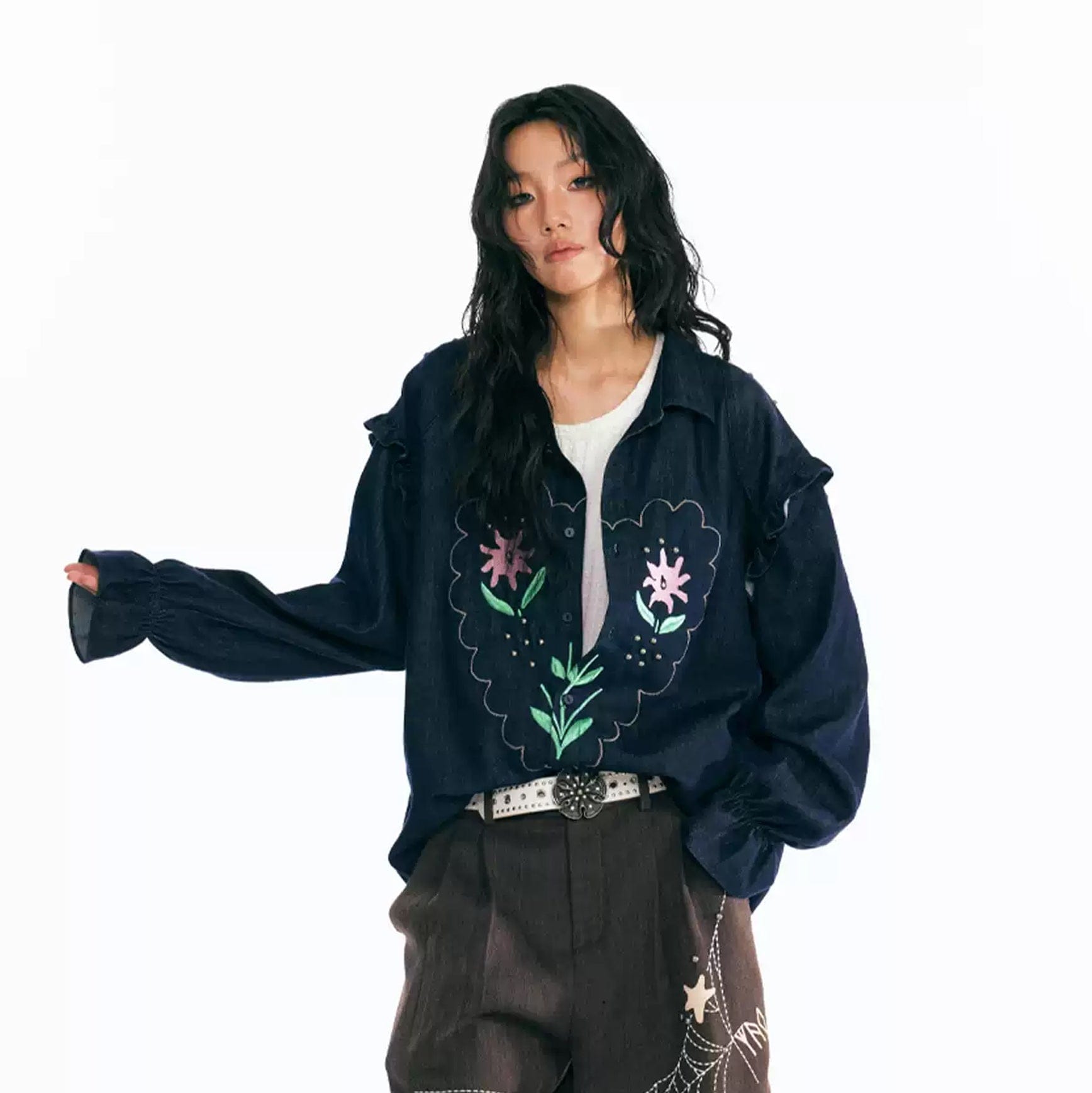 1997 POSTOFFICE Floral Patch Puff-Sleeve Denim Jacket