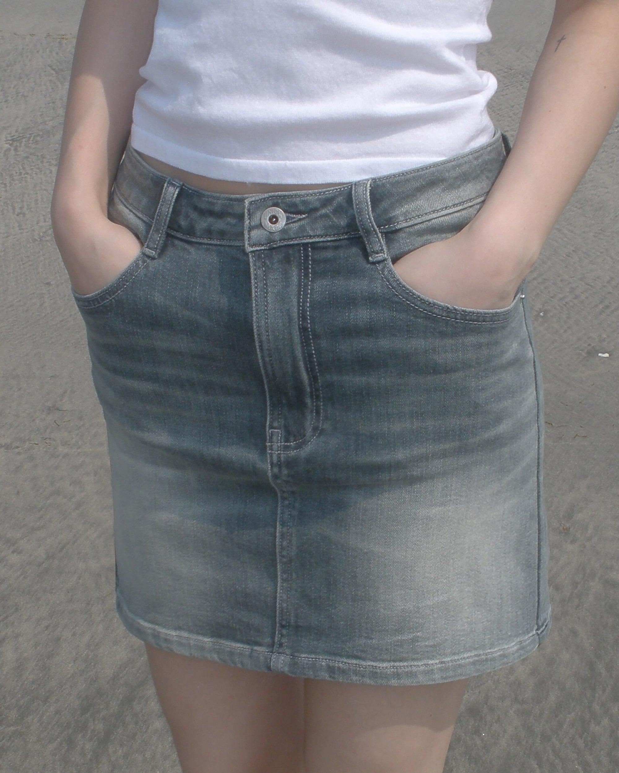 COMMAND N Washed Grey Low-Rise Denim Skirt