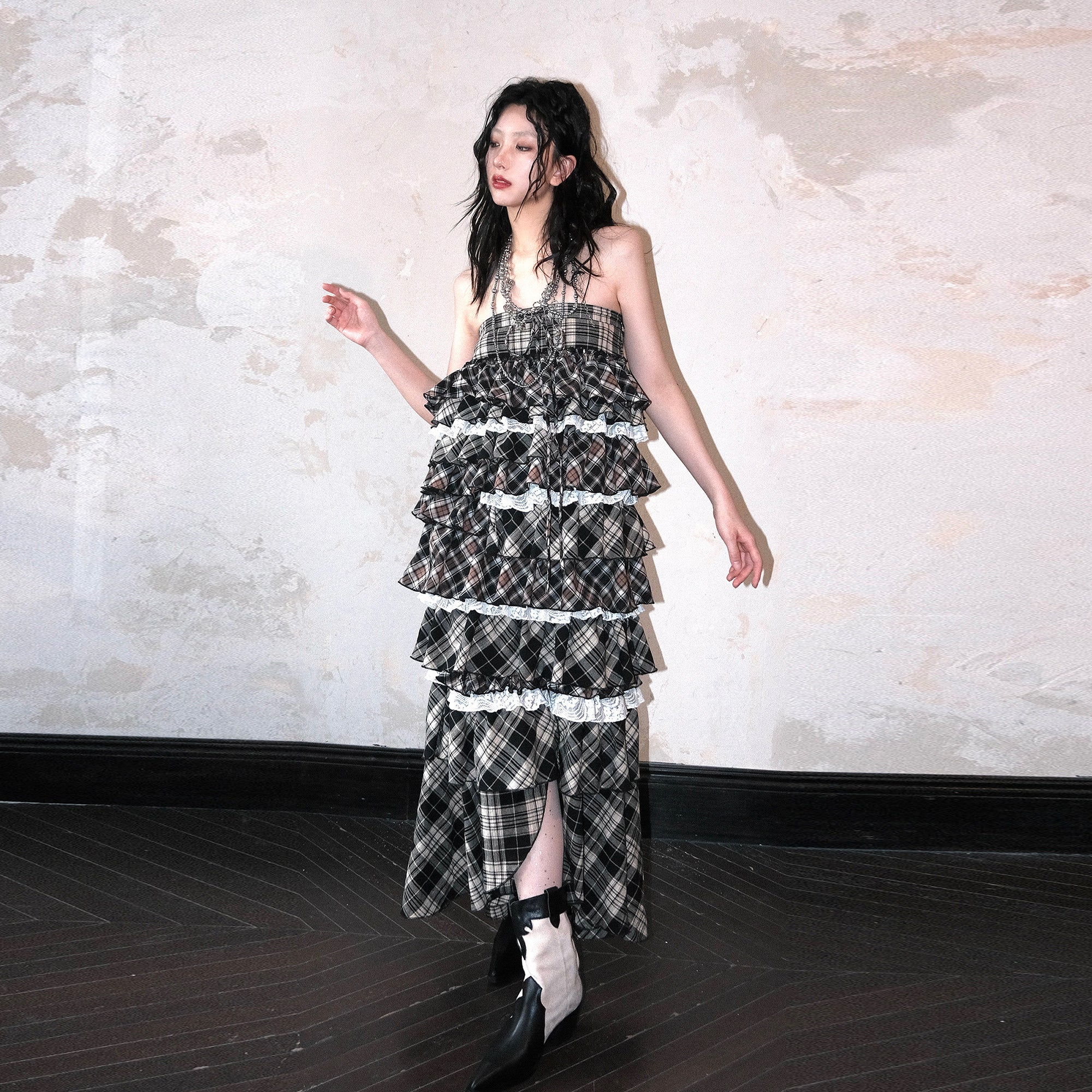 WHYNOTDANCE Layered Plaid Lace Ruffle Skirt