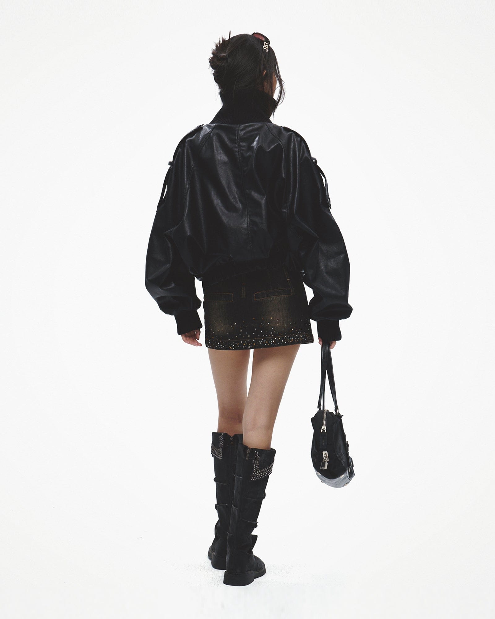 FAYCHUI Double-Breasted Faux Leather Jacket