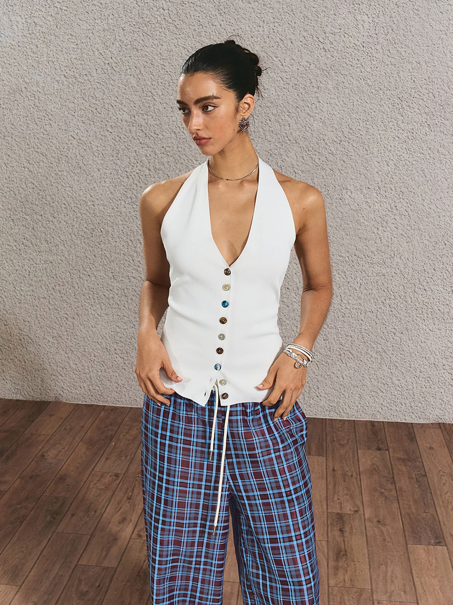 THE NEVERMORE Button-Up Halter Knit Top