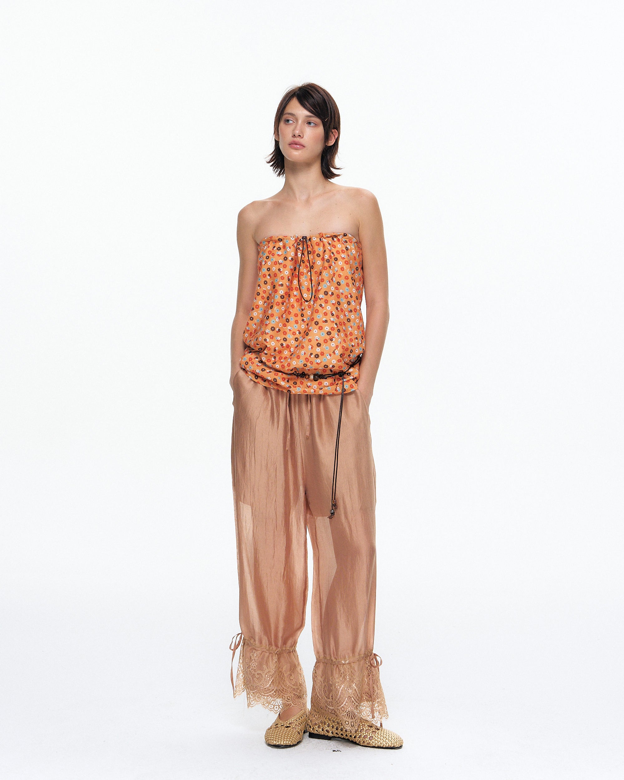 10AMSOTIIIIIIRED Crinkled Sheen Lace Trim Lantern Pants