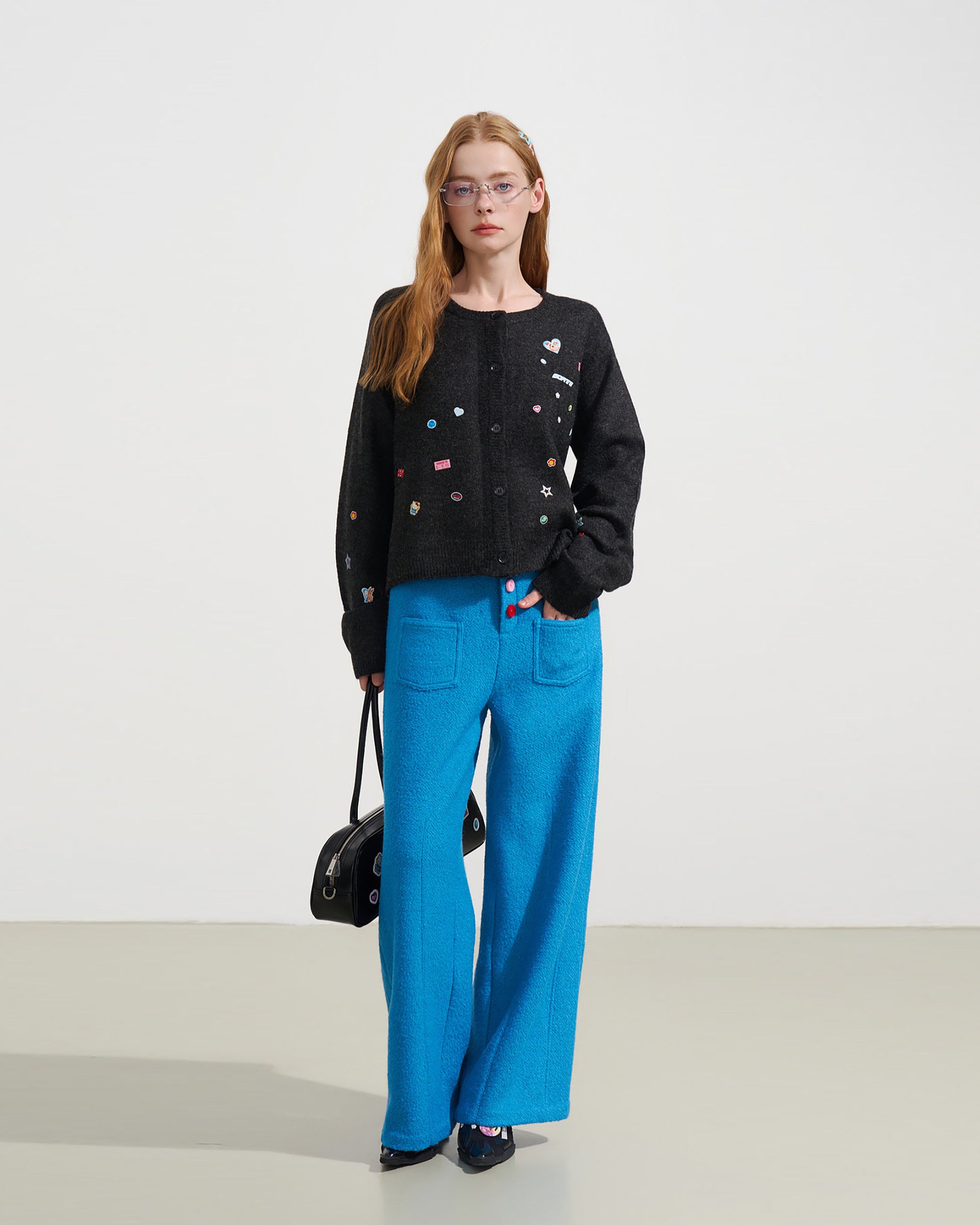 SOFITTE Wool-Blend Color Button Wide-Leg Pants