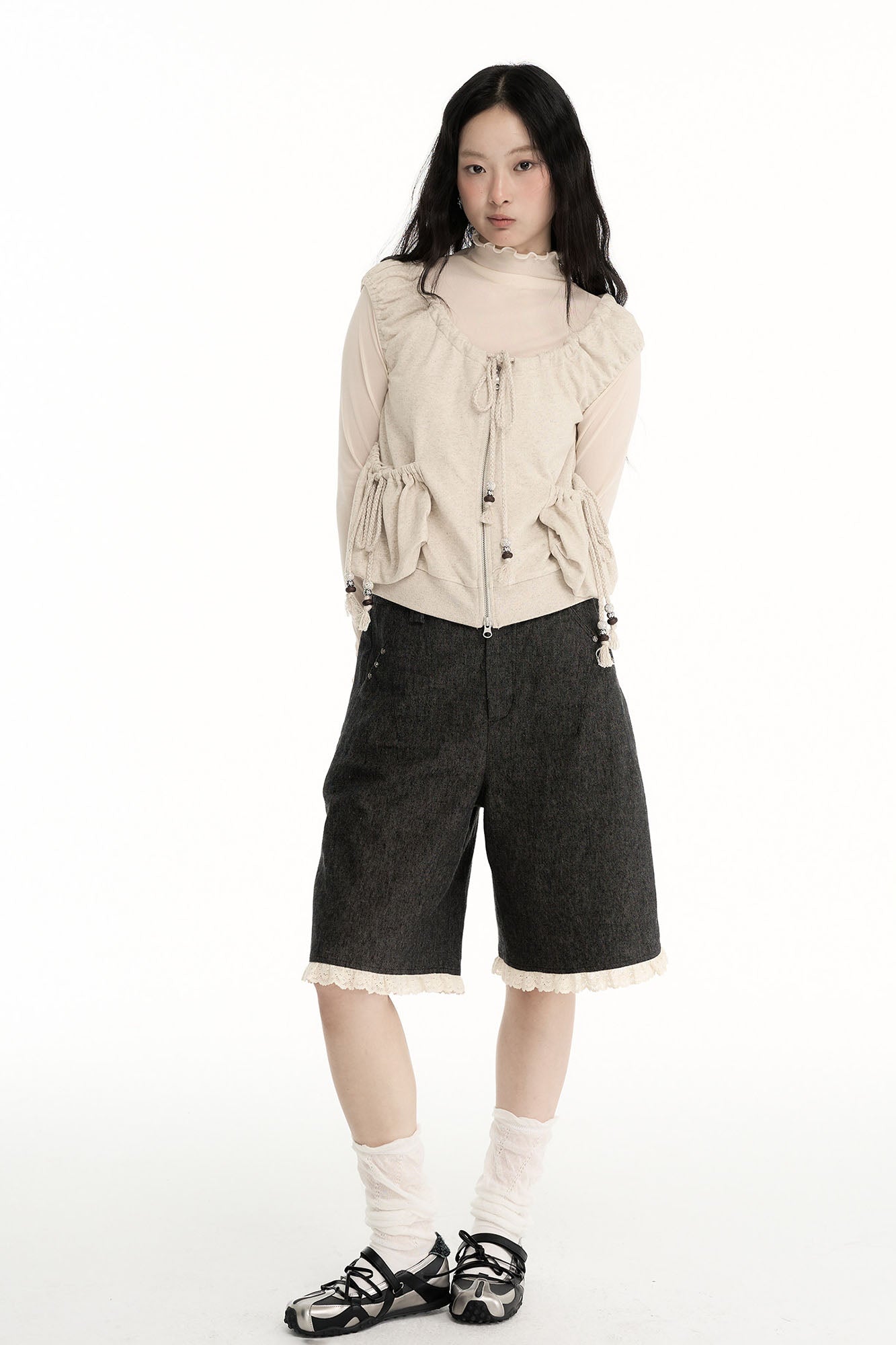 CONFUN Ruched Drawstring Zip-Up Top