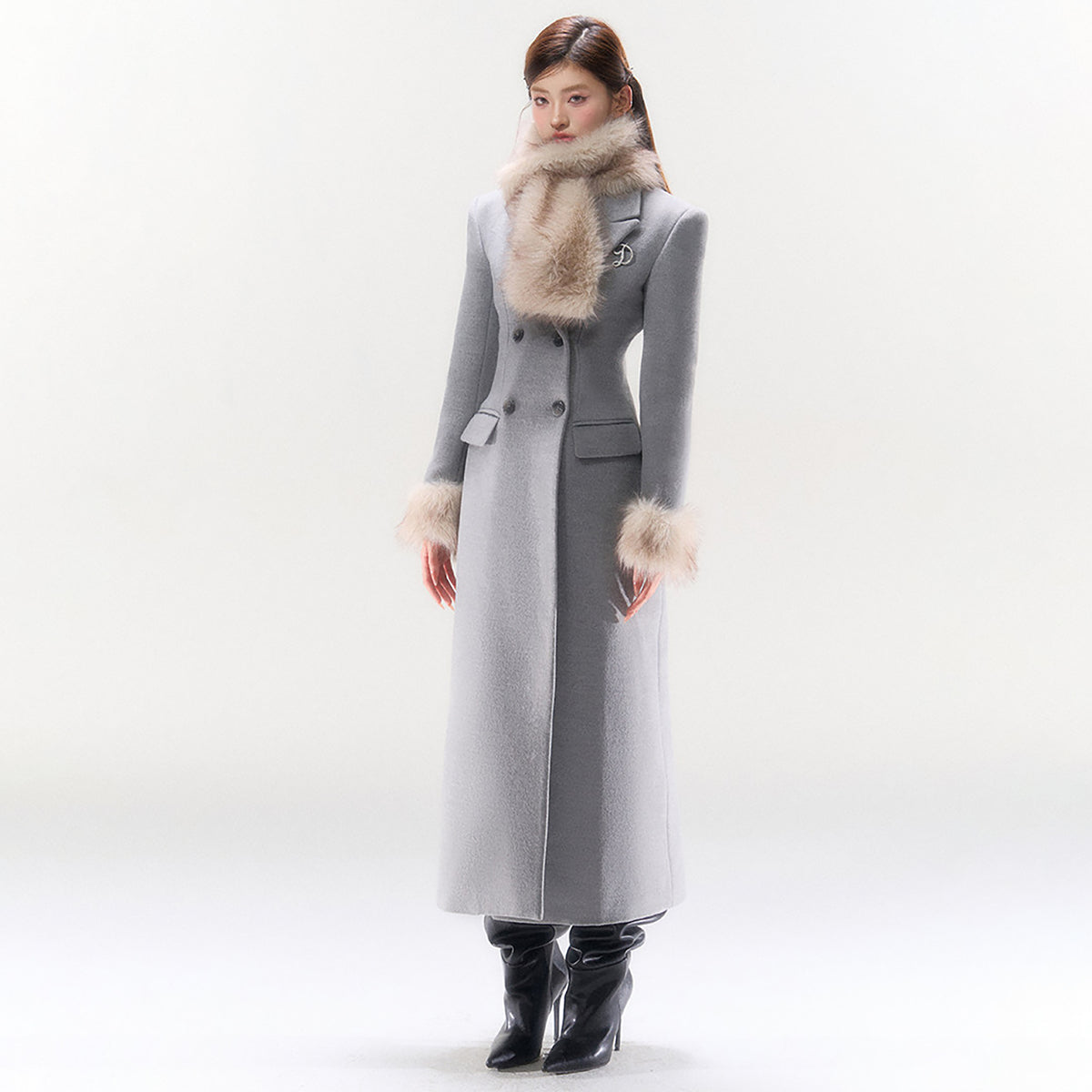 HIIMDAI Wool-Blend Double-Breasted Hourglass Coat