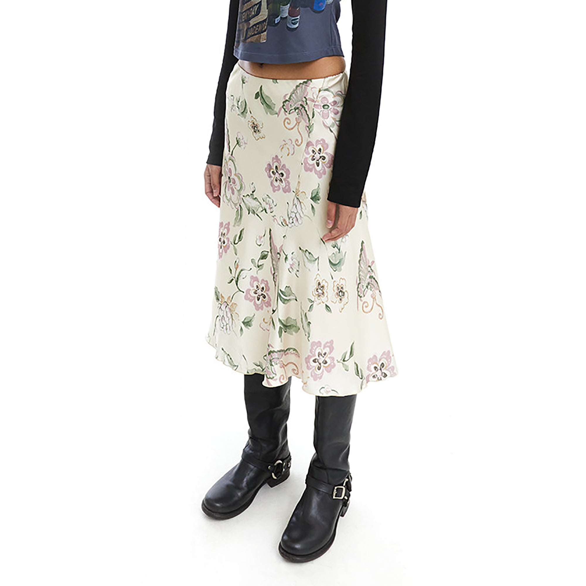 NEVERSEEZ Retro Wavy Hem Floral Skirt