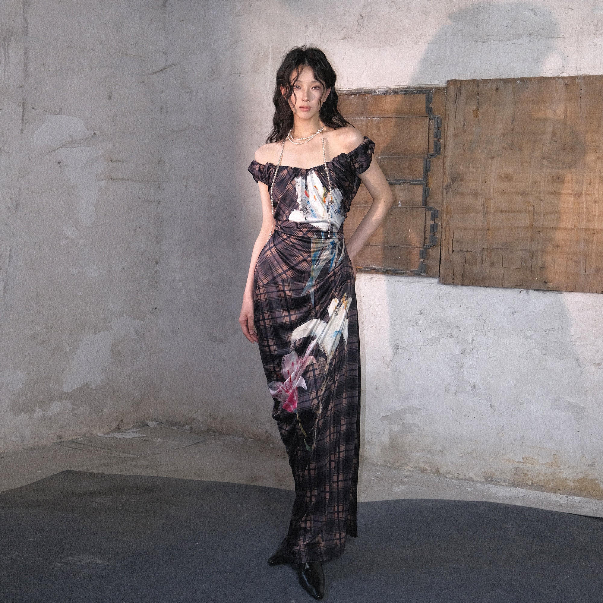 WHYNOTDANCE Ruched Plaid Floral Maxi Dress