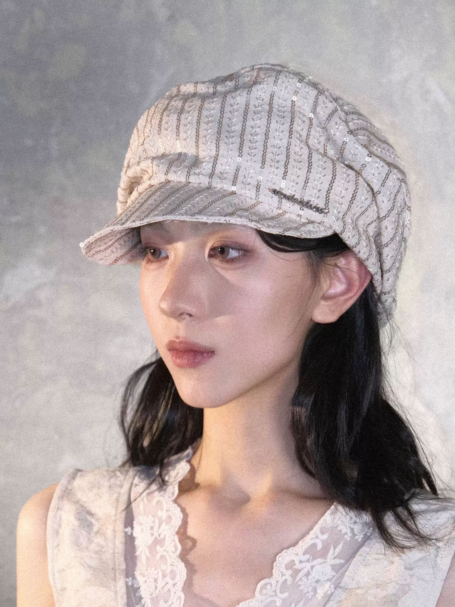 WHYNOTDANCE Sequin Embroidered Striped Newsboy Cap