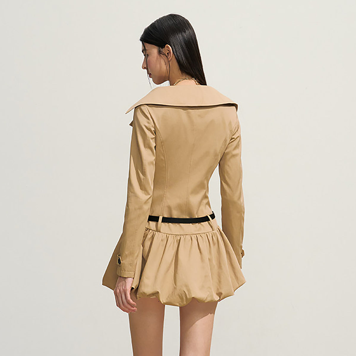 HIIMDAI Retro Double-Breasted Lapel Puff-Skirt Cinched Waist Dress
