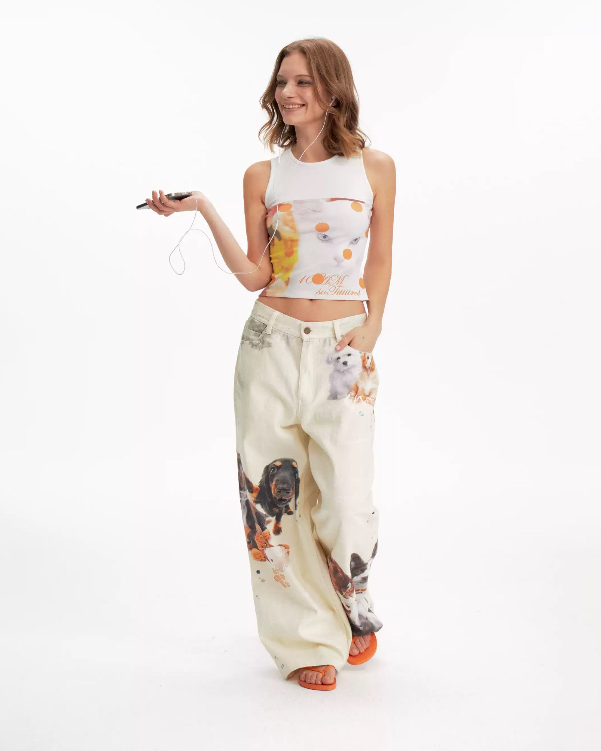 10AMSOTIIIIIIRED Retro Dog And Teddy Graphic Jeans