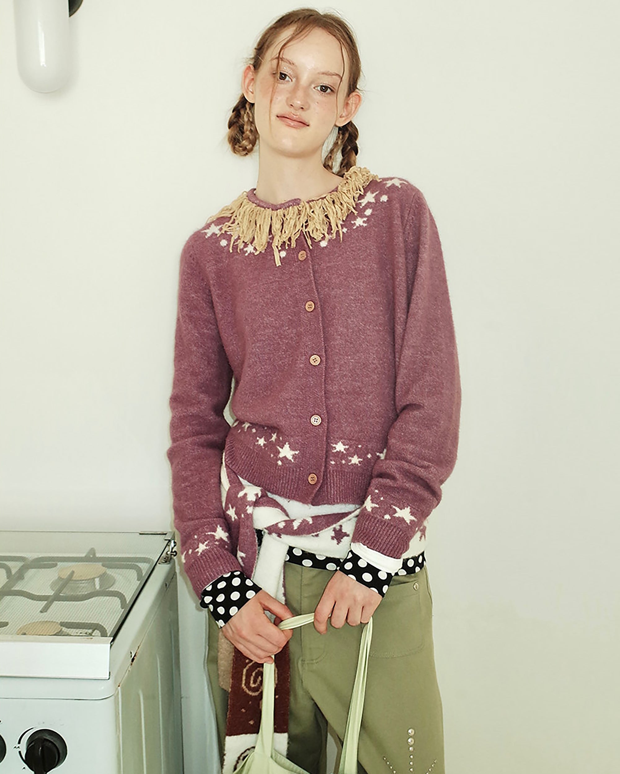 UNSOCIAL NIGHT Fringed Collar Star Jacquard Knit Cardigan