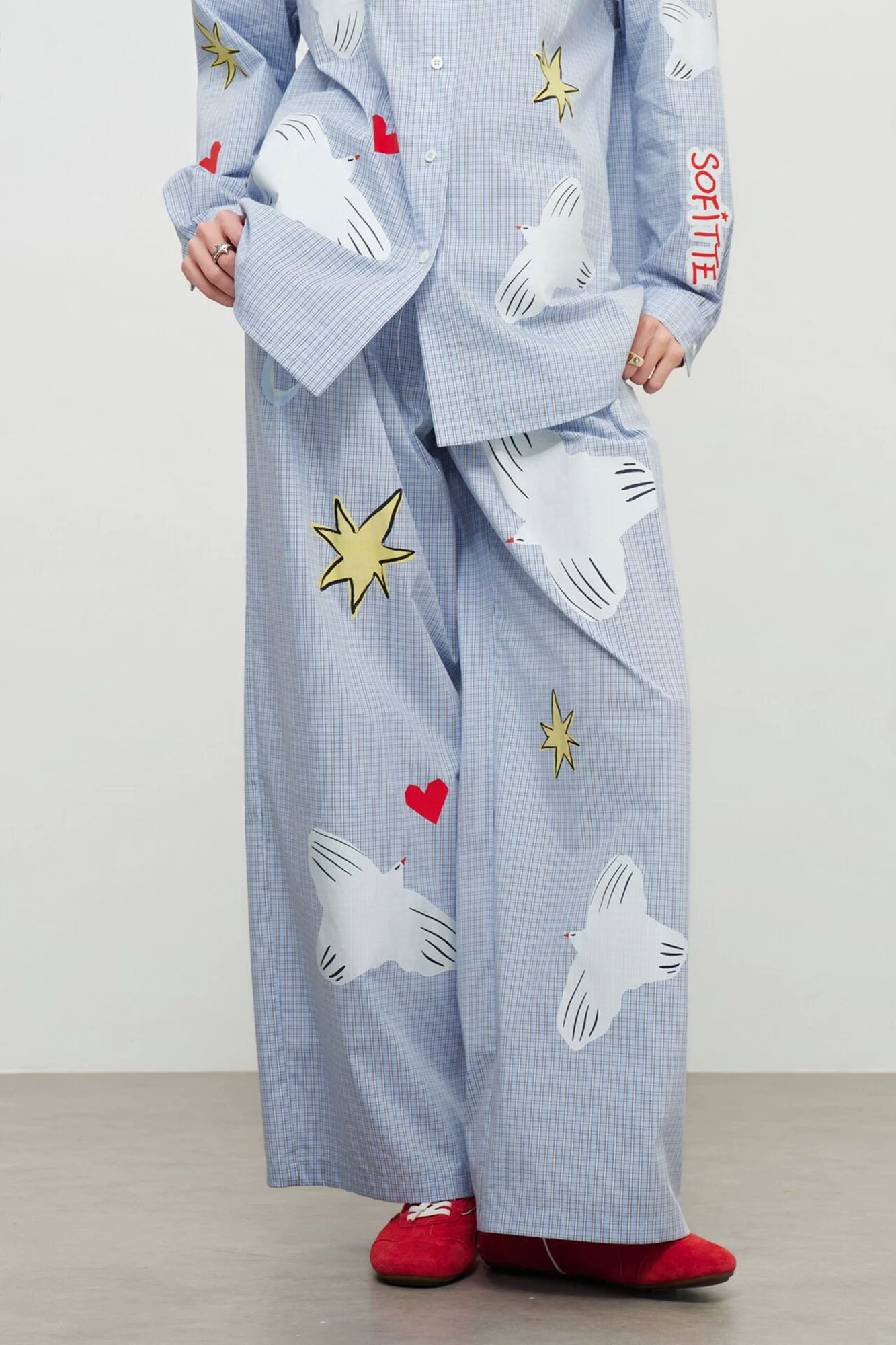 SOFITTE Checked Dove Graphic Wide-Leg Pants