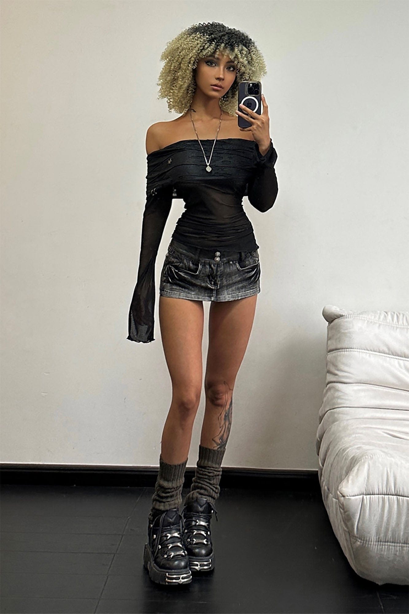 FAYCHUI Sheer Ruched Off-Shoulder Long Sleeve Top