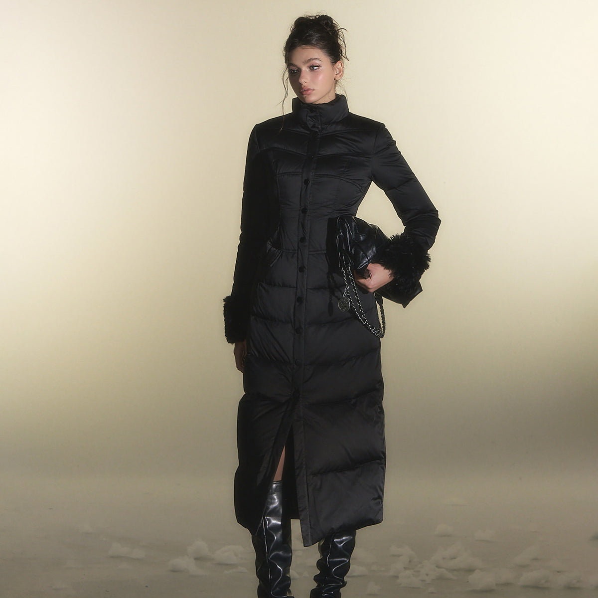 HIIMDAI Spliced Faux Fur Cinched-Waist Long Down Jacket