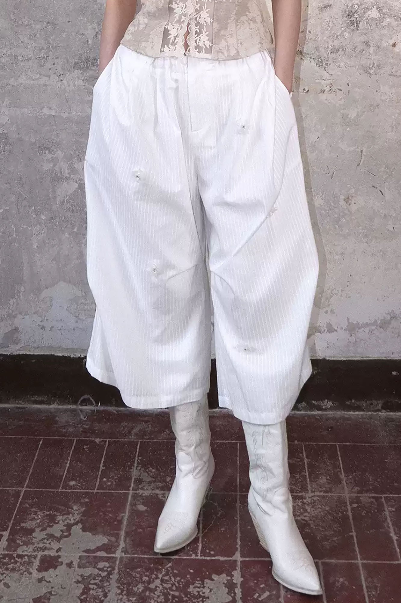 WHYNOTDANCE Floral Embellished Pinstriped Cropped Pants