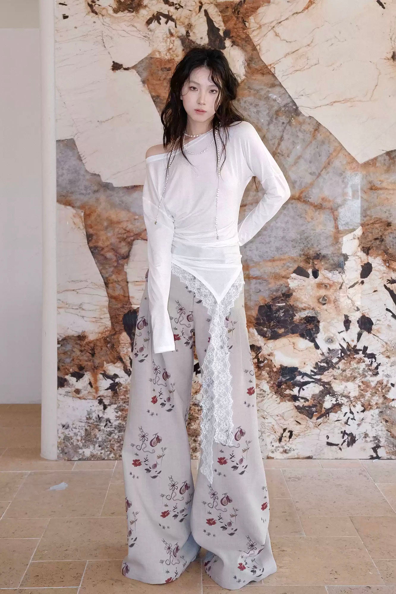 WHYNOTDANCE Asymmetric Ruched Lace-Trim Long-Sleeve Tee